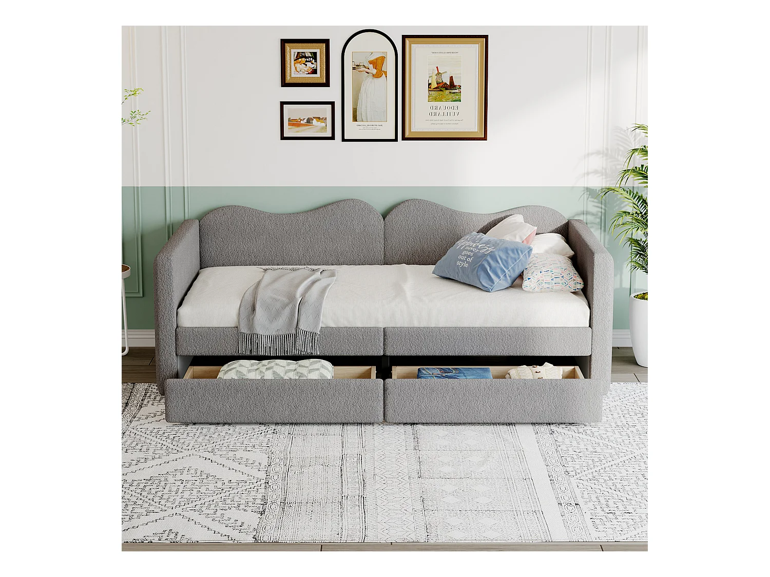 Lit enfant tapissé multifonction avec 2 tiroirs, tissu teddy gris, cadre avec dossier et accoudoirs, 215x95x66cm