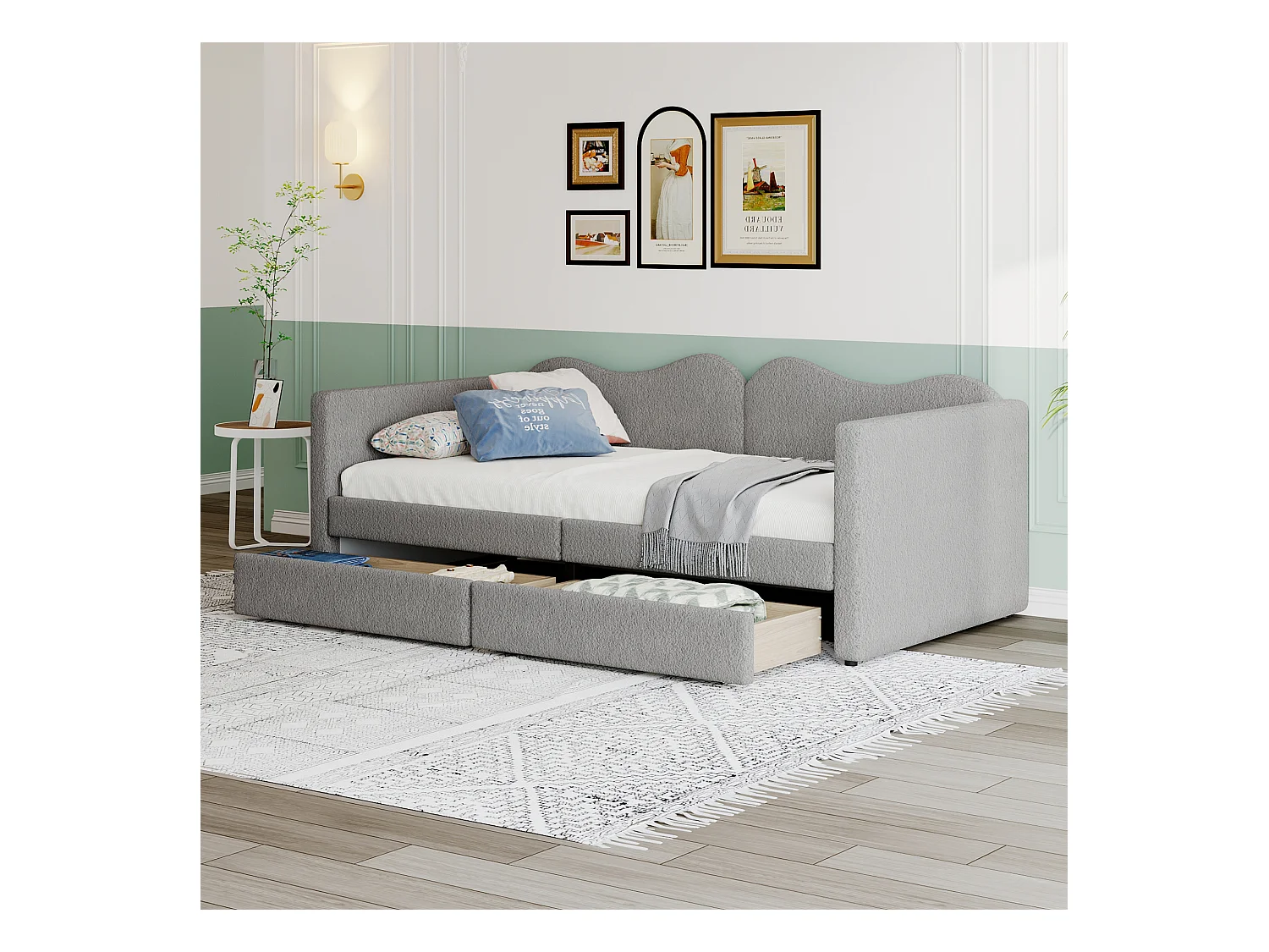 Multifunctioneel gestoffeerd kinderbed met 2 lades, grijze teddystof, frame met rugleuning en armleuningen, 215x95x66cm