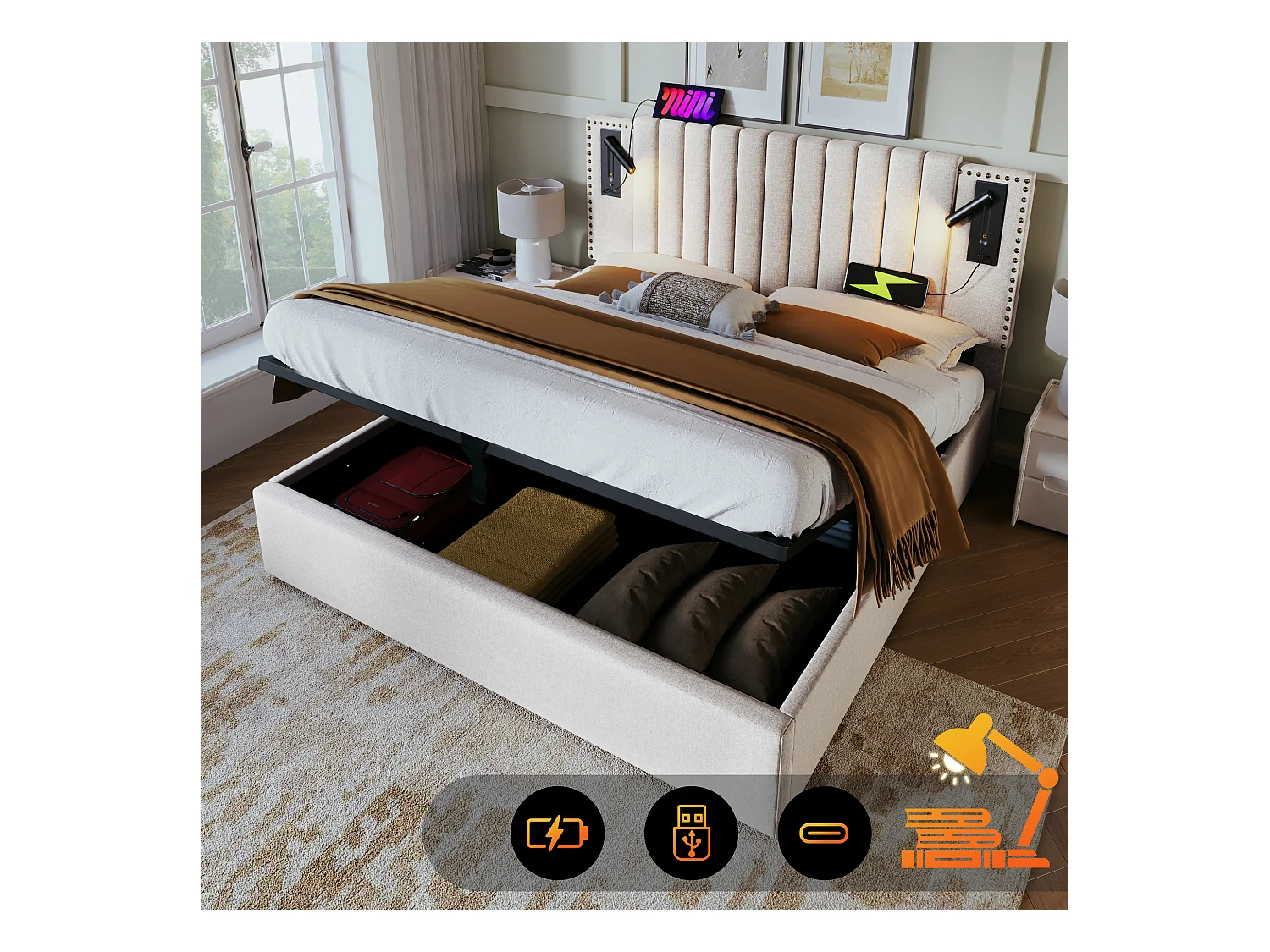 Letto matrimoniale 140x200, con contenitore, testiera con illuminazione LED e USB, cotone beige (203x167x106 cm)