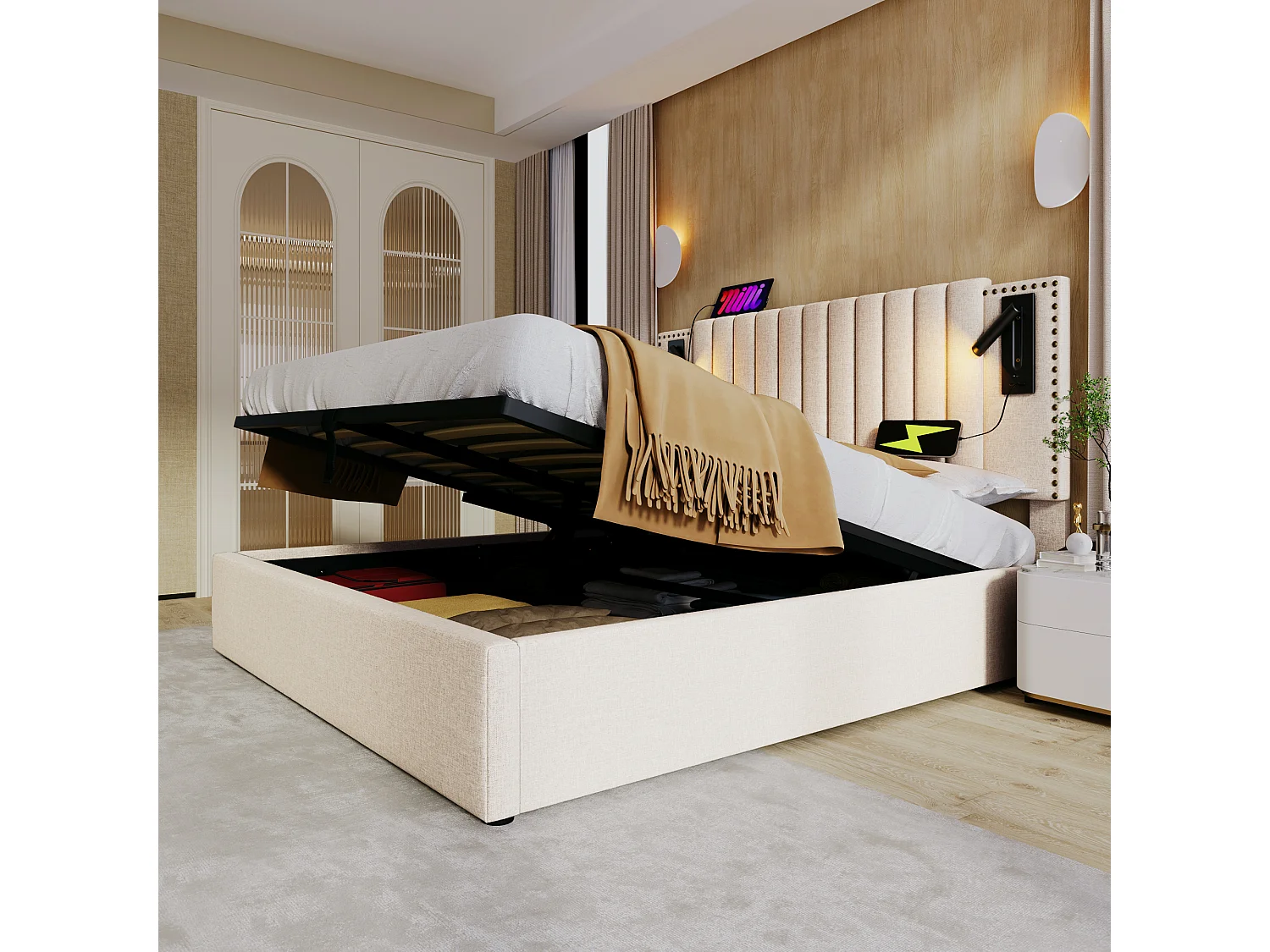 Letto matrimoniale 140x200, con contenitore, testiera con illuminazione LED e USB, cotone beige (203x167x106 cm)