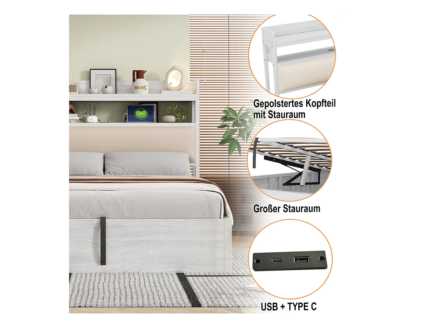 Lit 140x200 cm avec système hydraulique, tête de lit rembourrée, rangement caché, USB, design vintage bois et métal, blanc (218.5x148x112 cm)