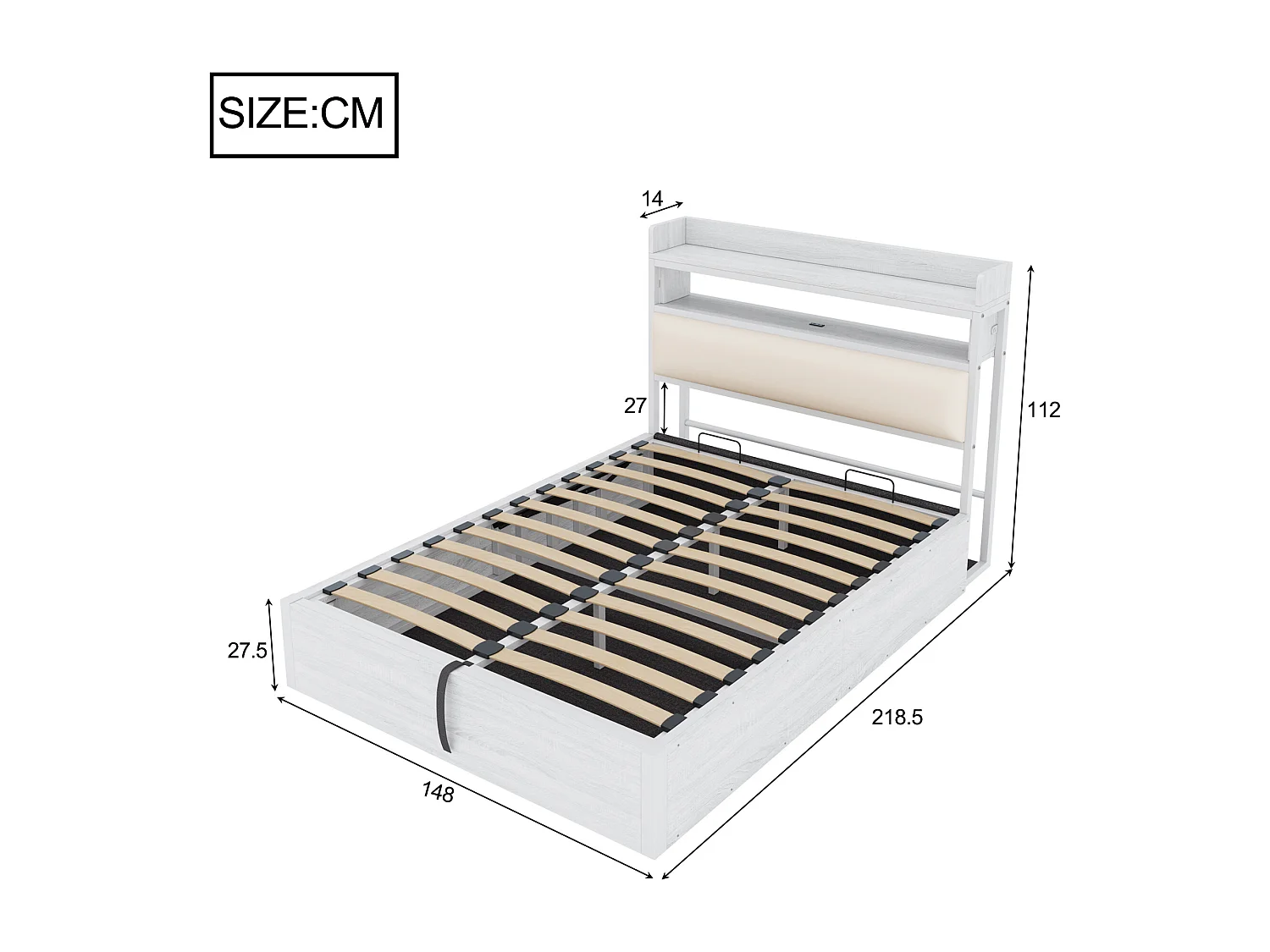 Letto 140x200 cm con sistema idraulico, testiera imbottita, contenitore nascosto, USB, design vintage in legno e metallo, bianco (218,5x148x112 cm)