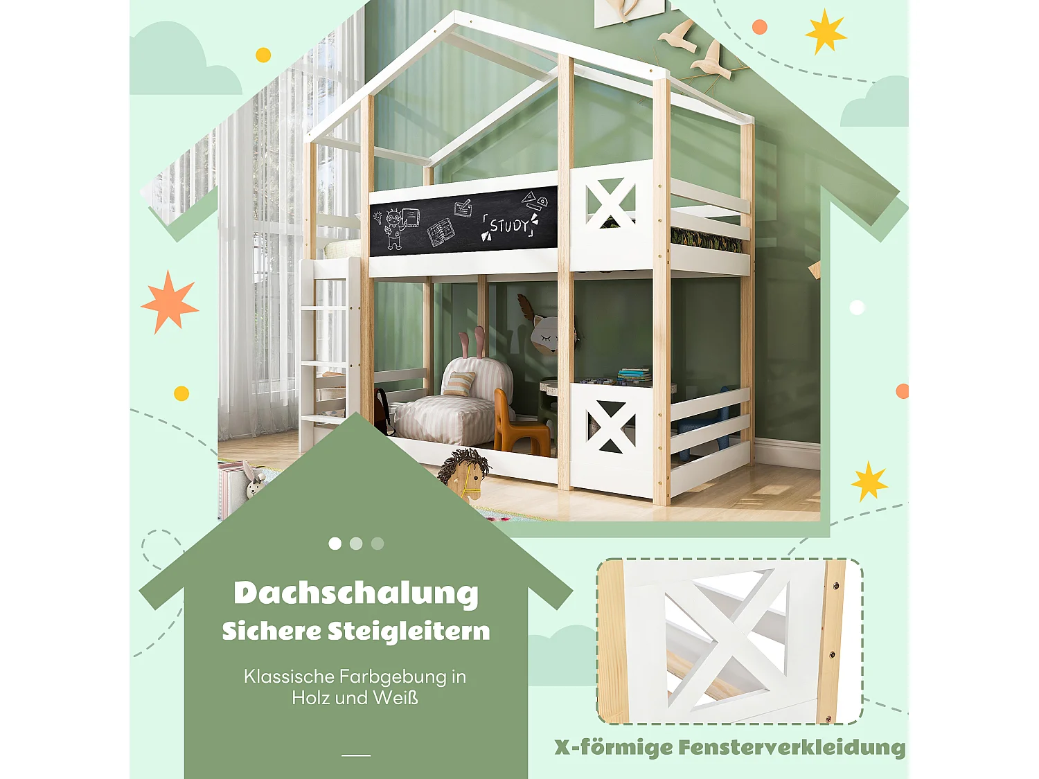 Lit cabane enfant avec échelle, bois massif, blanc et naturel (207x96x205cm)