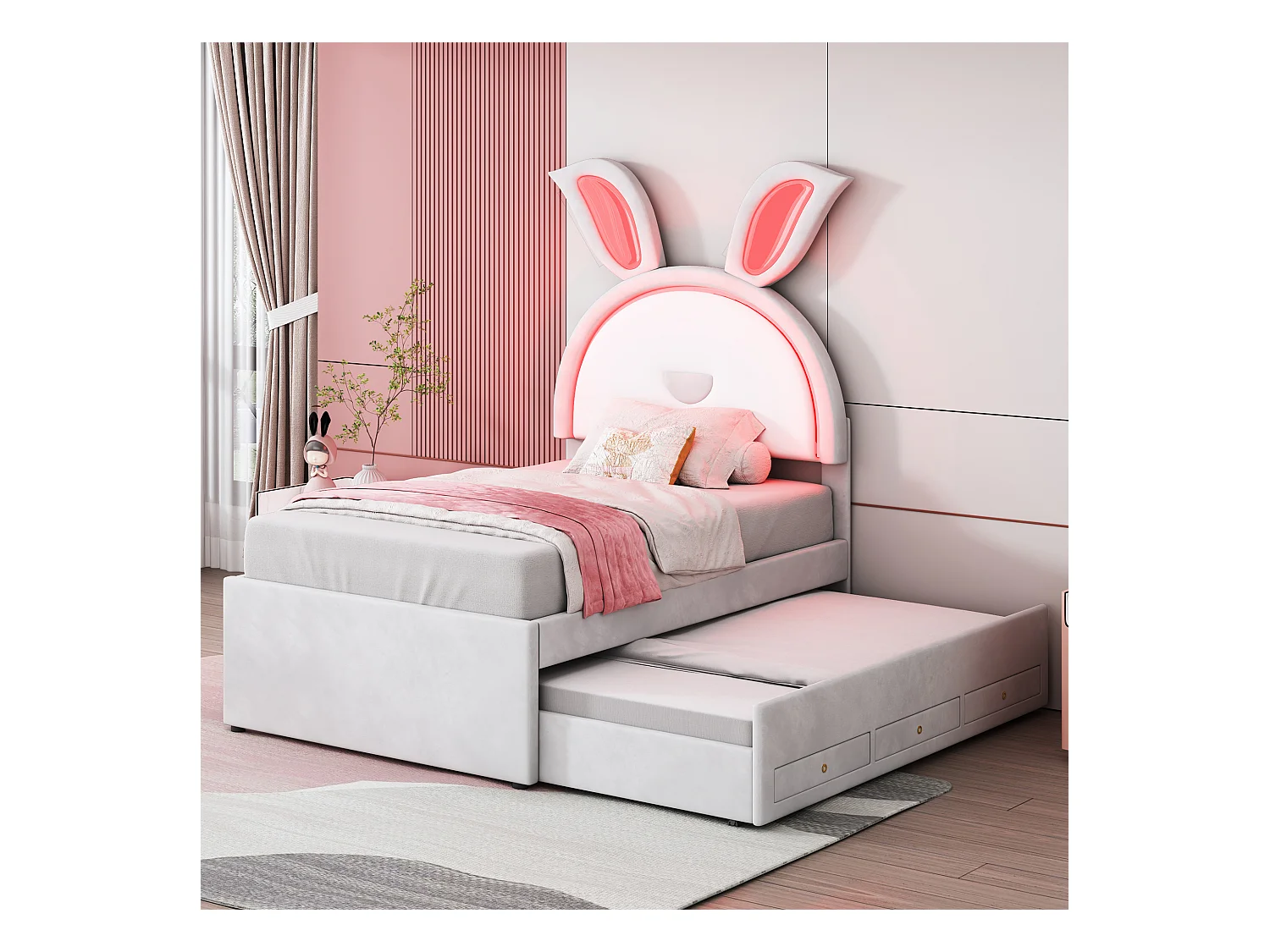 Lit enfant velours multifonction avec lit gigogne, tiroirs et LED, beige (200x90x167cm)