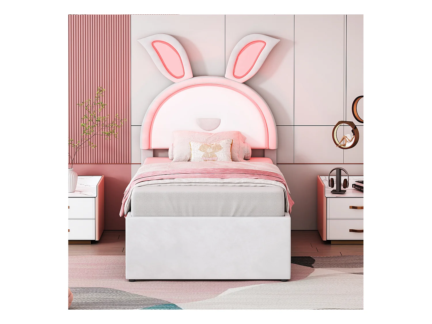 Lit enfant velours multifonction avec lit gigogne, tiroirs et LED, beige (200x90x167cm)