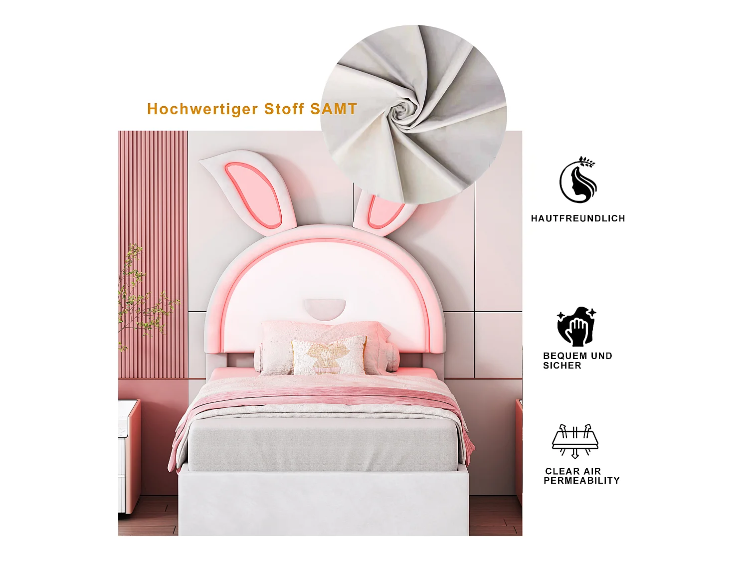 Lit enfant velours multifonction avec lit gigogne, tiroirs et LED, beige (200x90x167cm)