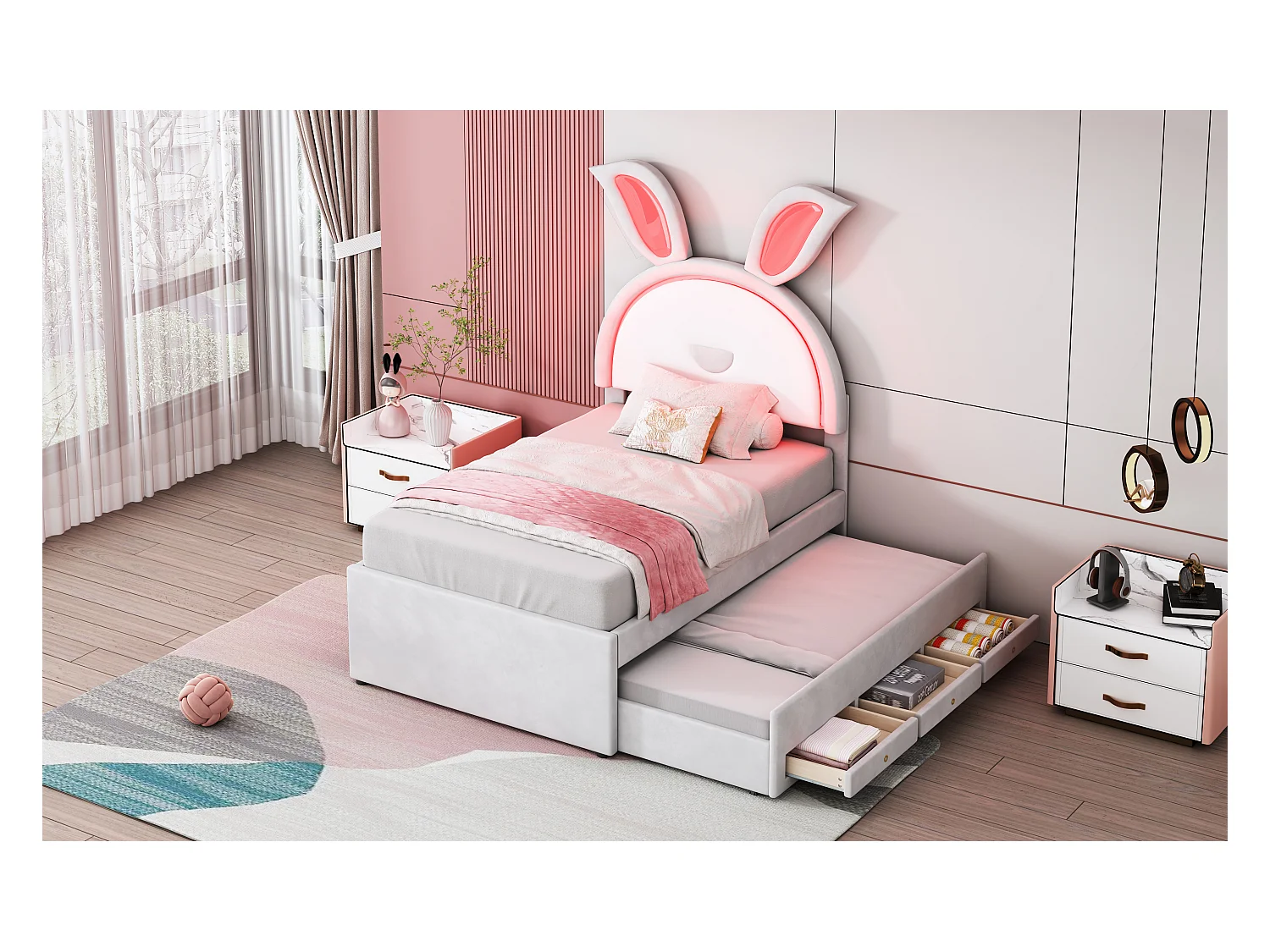 Lit enfant velours multifonction avec lit gigogne, tiroirs et LED, beige (200x90x167cm)