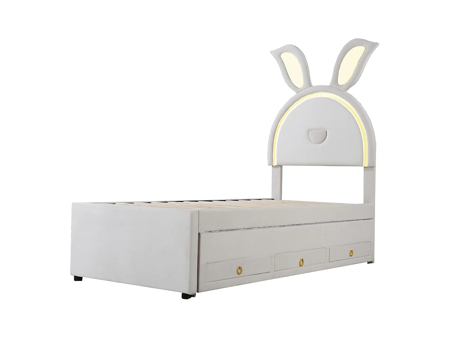 Lit enfant velours multifonction avec lit gigogne, tiroirs et LED, beige (200x90x167cm)