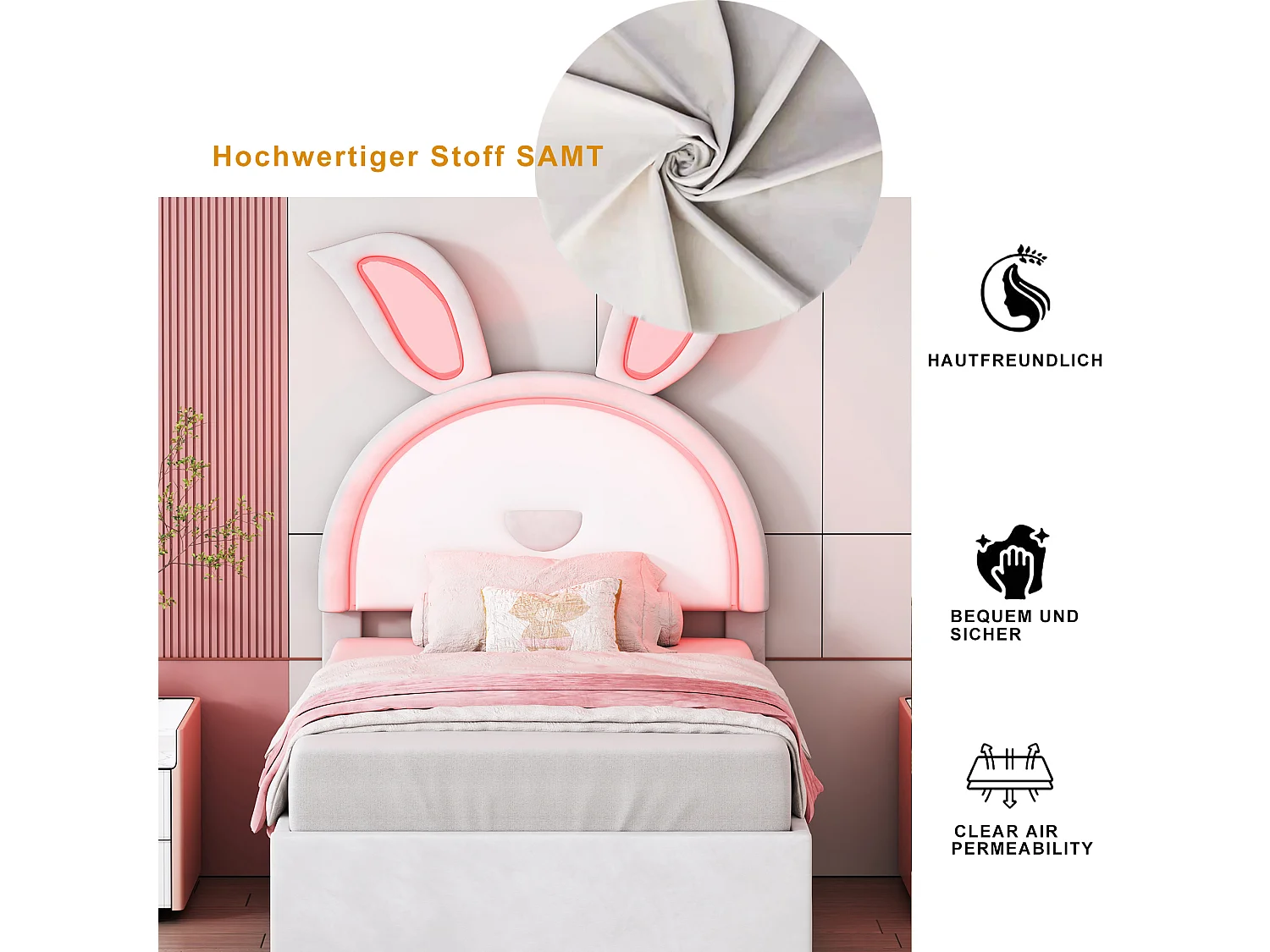 Lit enfant velours multifonction avec lit gigogne, tiroirs et LED, beige (200x90x167cm)