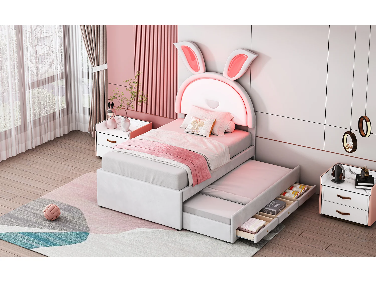 Lit enfant velours multifonction avec lit gigogne, tiroirs et LED, beige (200x90x167cm)