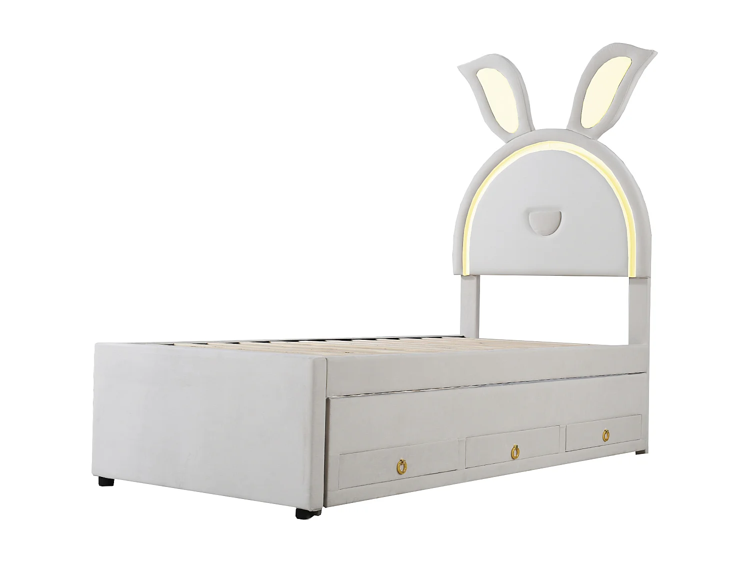 Lit enfant velours multifonction avec lit gigogne, tiroirs et LED, beige (200x90x167cm)