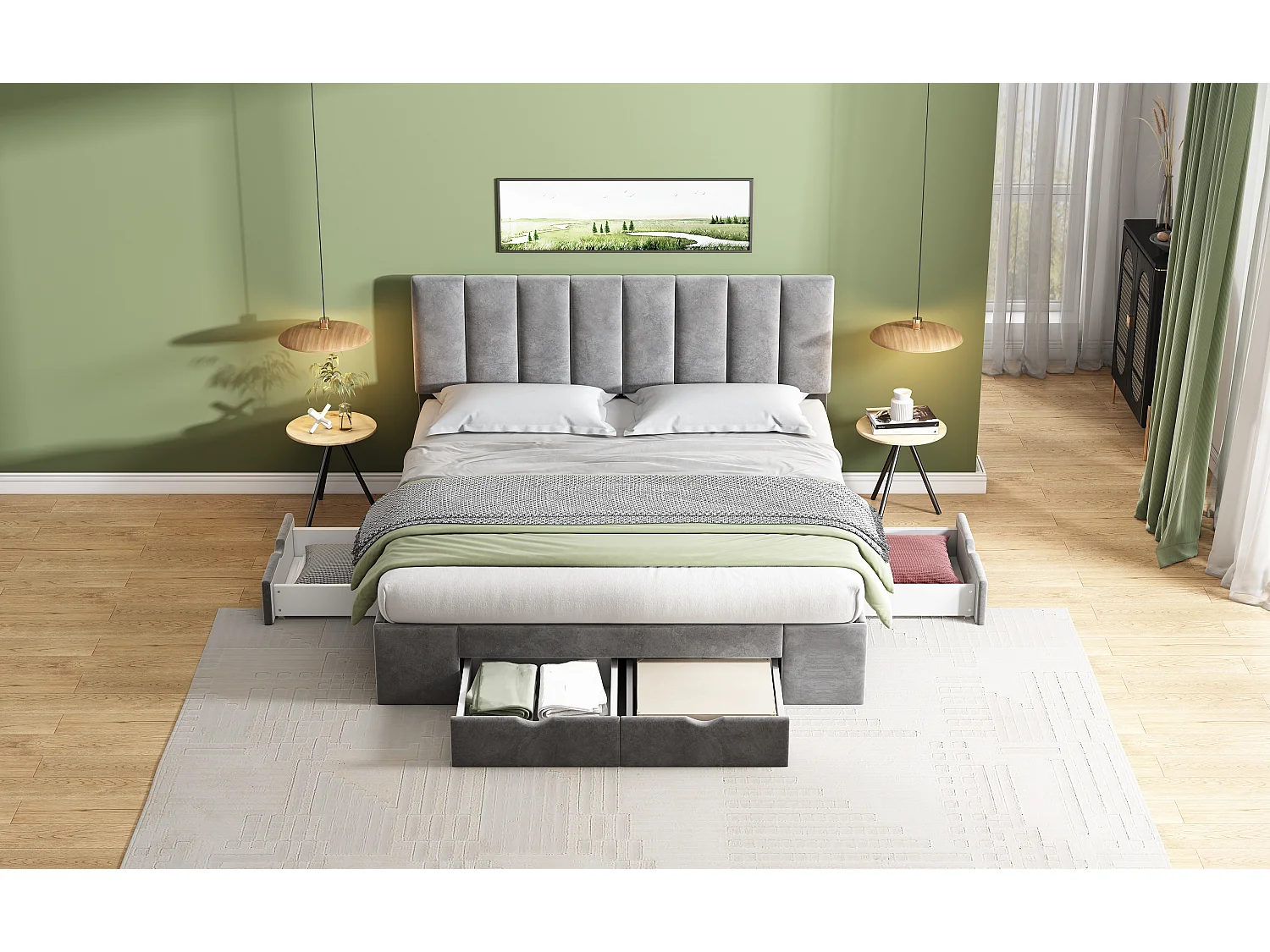 Letto imbottito 160x200 cm, con testiera, rete a doghe, 4 cassetti contenitore, in velluto grigio (160x200 cm)