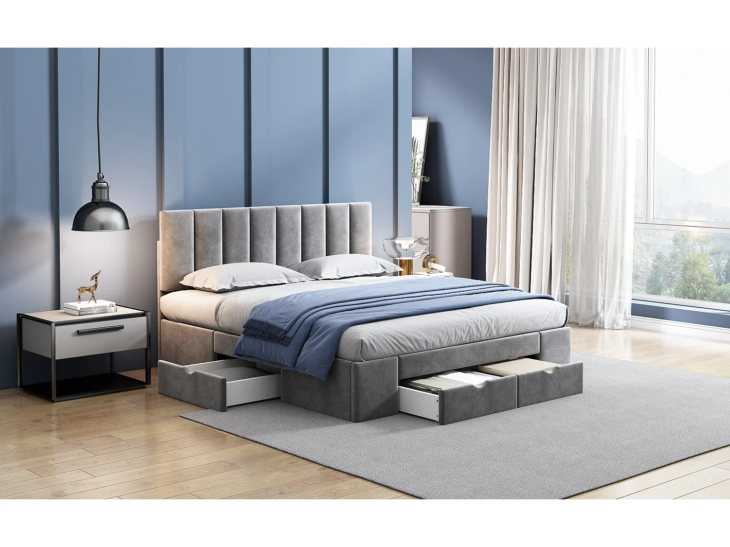 Letto imbottito 160x200 cm, con testiera, rete a doghe, 4 cassetti contenitore, in velluto grigio (160x200 cm)