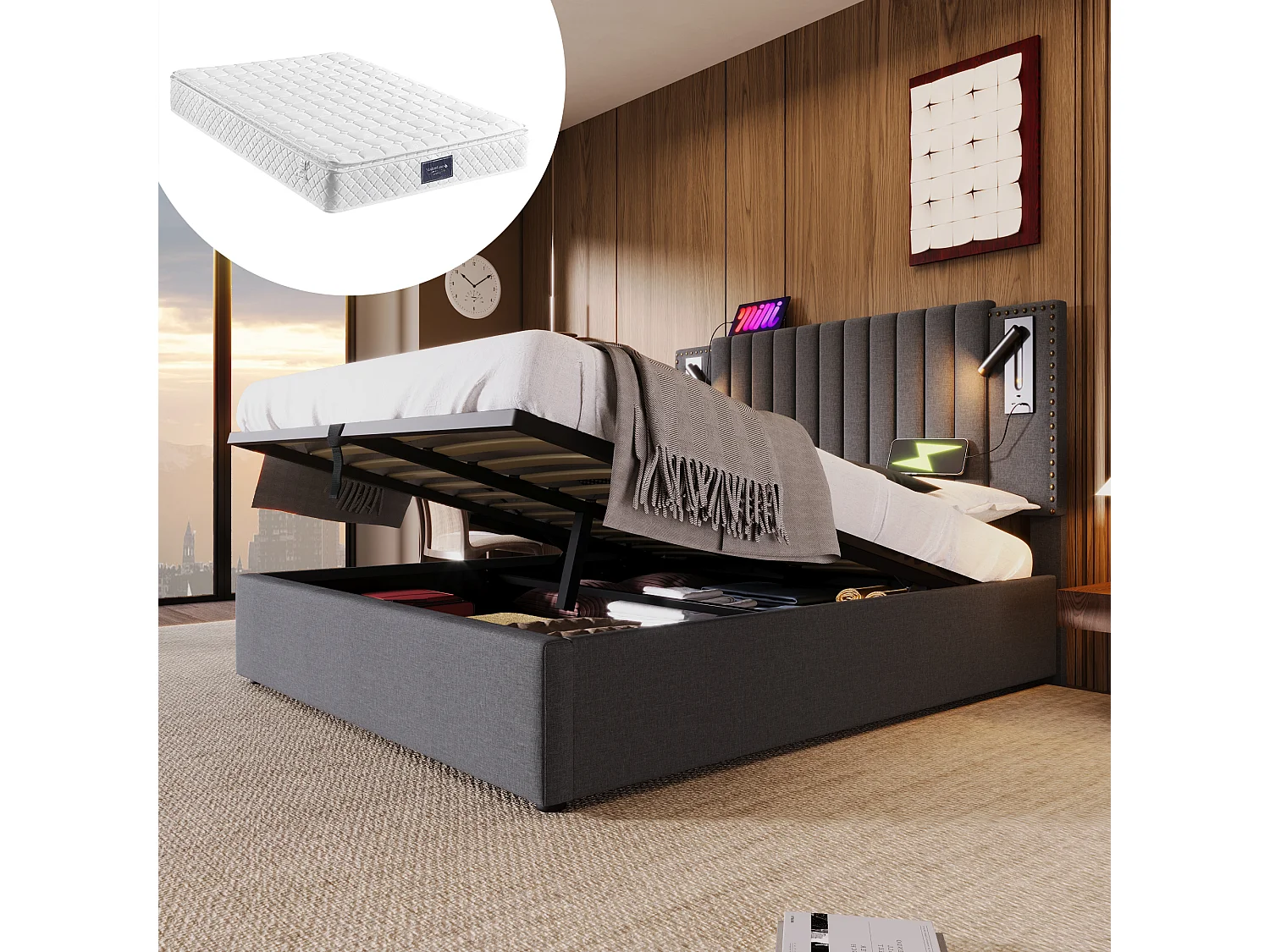 Tweepersoonsbed 160x200, met opbergruimte onder het bed, hoofdeinde met ledverlichting en USB, grijs katoen (203x167x106 cm)