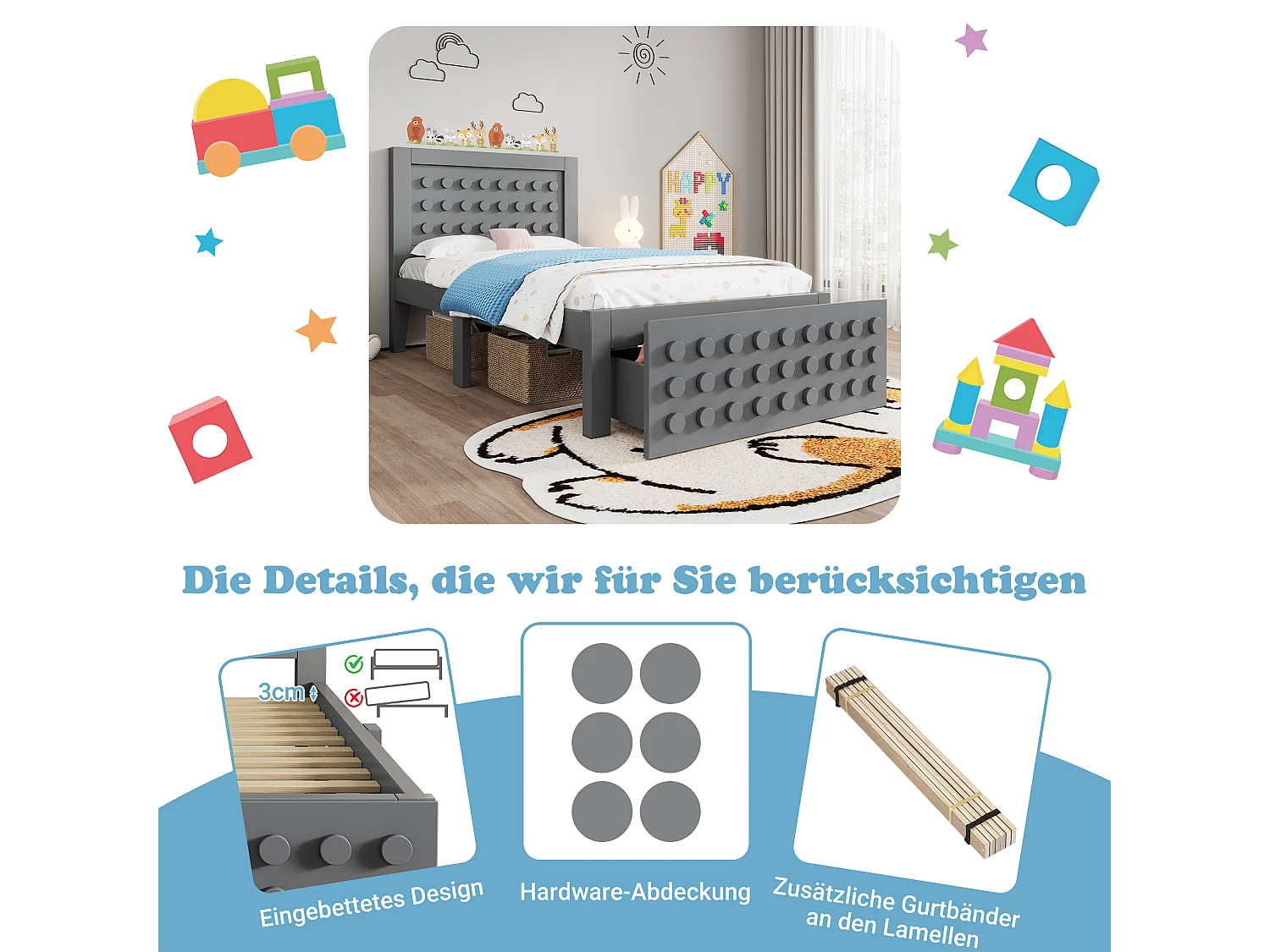 Cama infantil 90x200 cm, estructura de madera maciza, somier de láminas, cajones y espacio de almacenaje bajo la cama, color gris (90x200 cm)