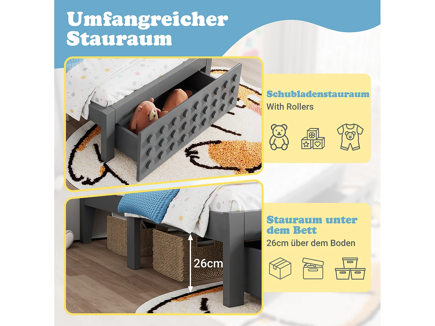 Cama infantil 90x200 cm, estructura de madera maciza, somier de láminas, cajones y espacio de almacenaje bajo la cama, color gris (90x200 cm)