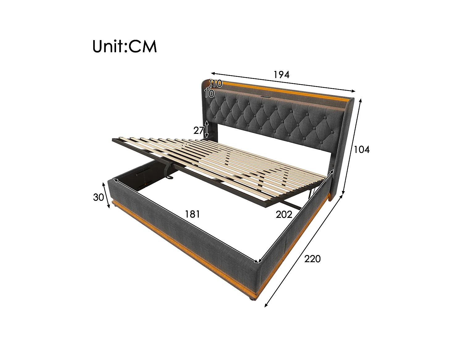 Letto idraulico con testiera regolabile, 90x200 cm, velluto, grigio chiaro, letto contenitore, con materasso, rete in metallo (203x96x97,5-117,5 cm)