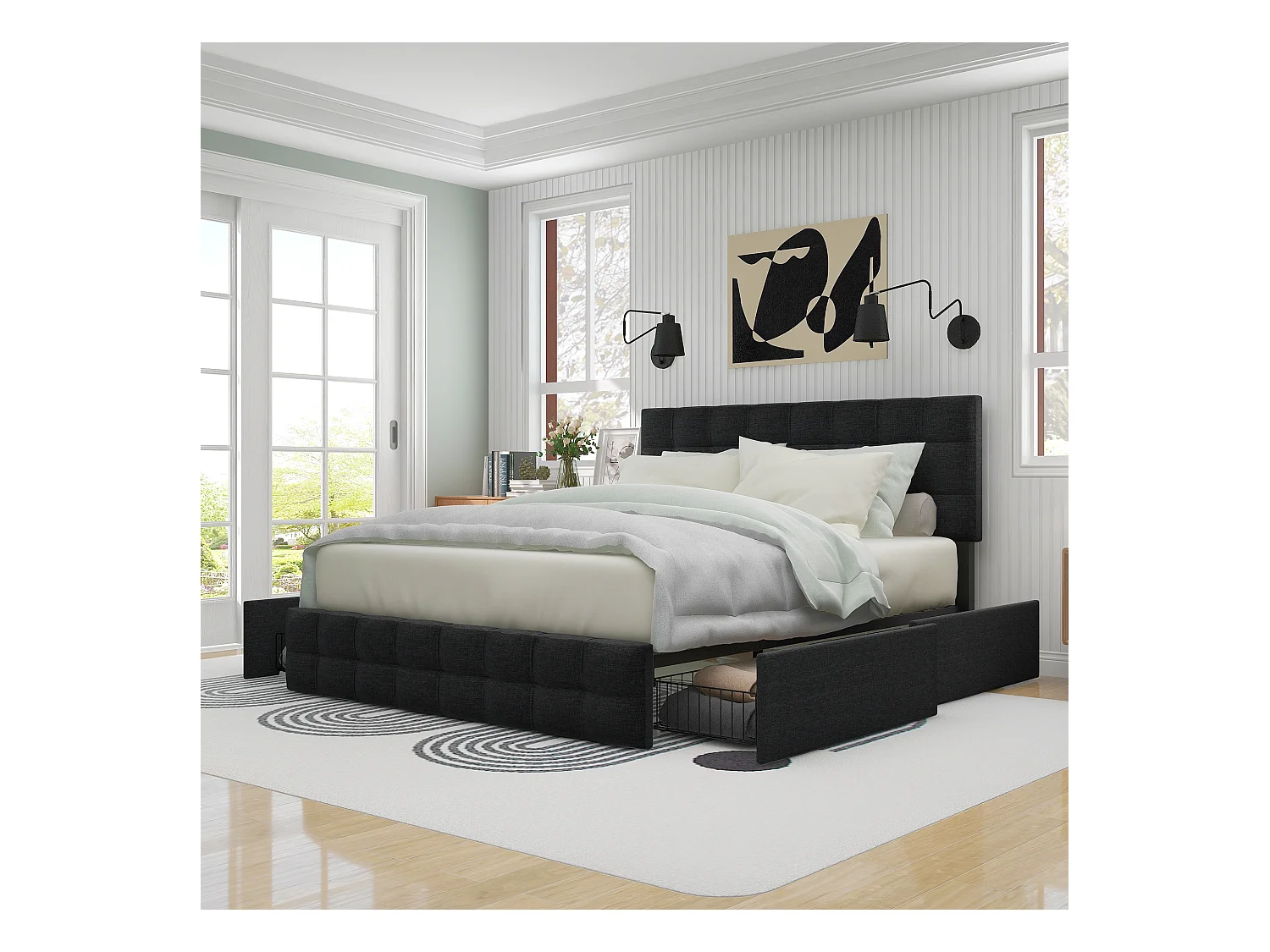 Tweepersoonsbed met 4 lades, verstelbaar hoofdeinde, metalen lattenbodem, zwart linnen (210x146x112 cm)