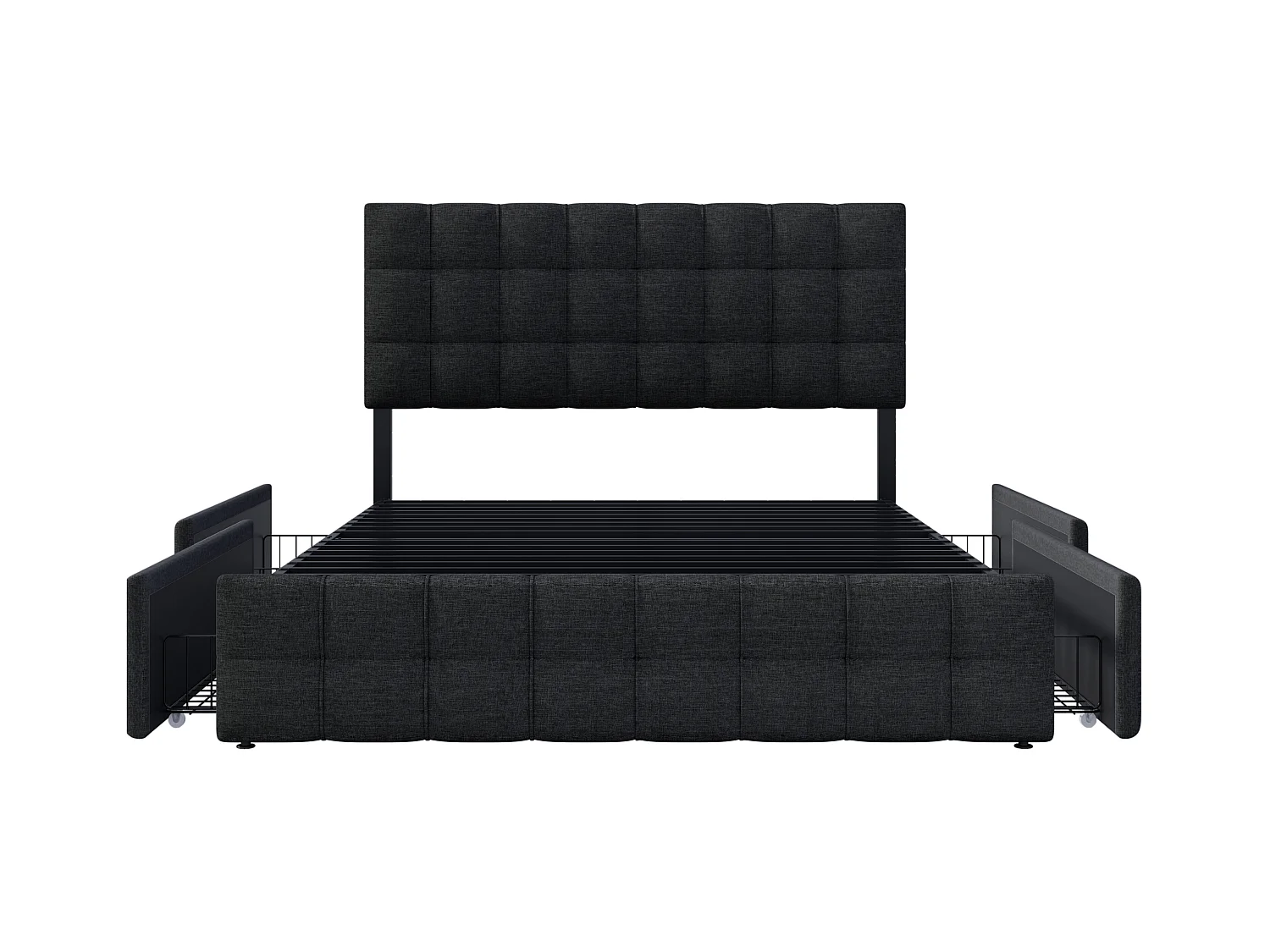 Tweepersoonsbed met 4 lades, verstelbaar hoofdeinde, metalen lattenbodem, zwart linnen (210x146x112 cm)