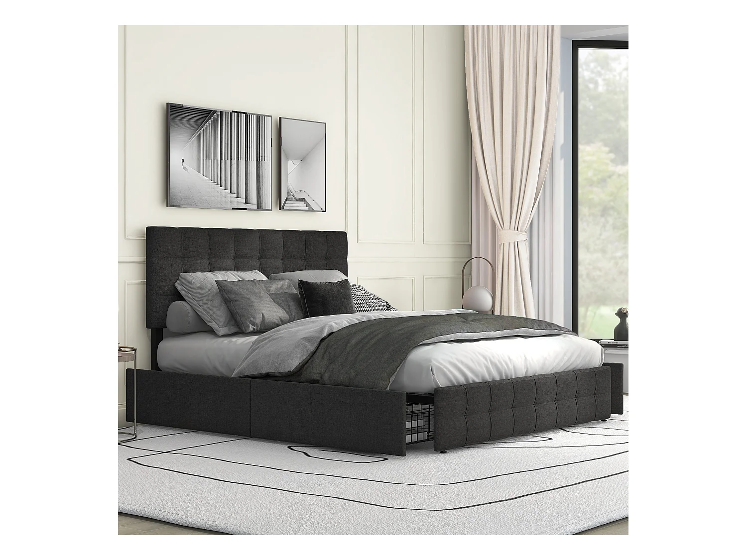 Tweepersoonsbed met 4 lades, verstelbaar hoofdeinde, metalen lattenbodem, zwart linnen (210x146x112 cm)