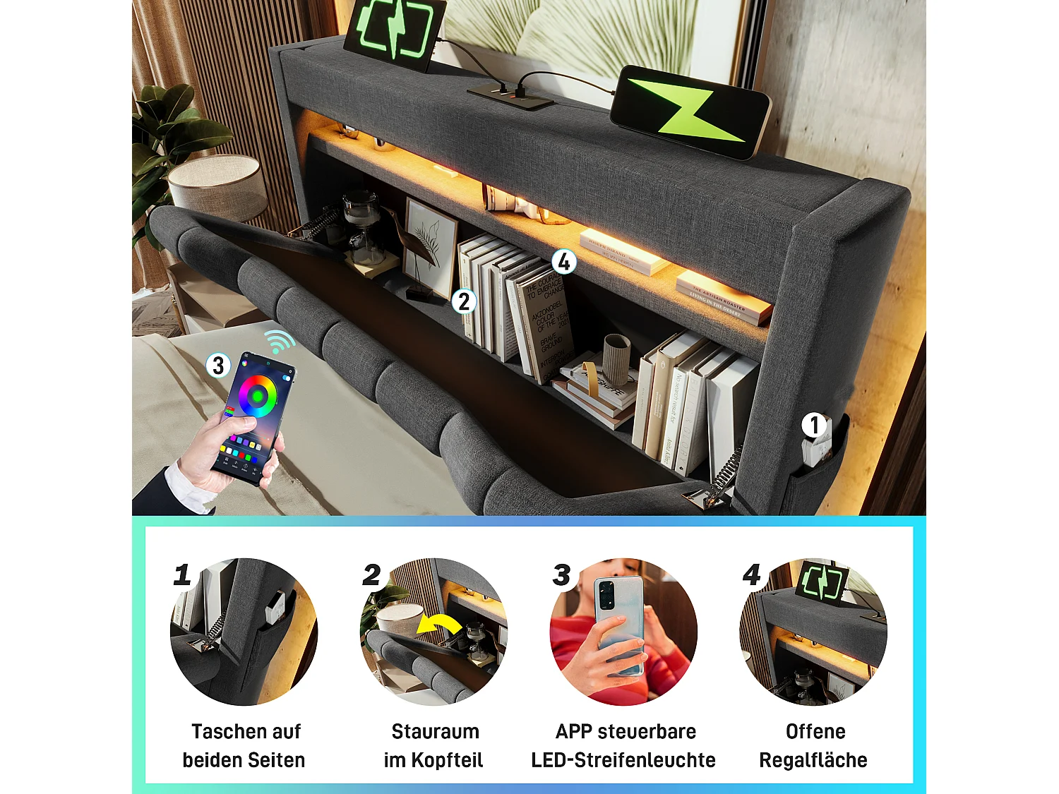Lit 90x200 cm avec tête de lit de rangement, ports USB et Type-C, éclairage LED, avec stockage hydraulique, en lin gris (218x92x112 cm)