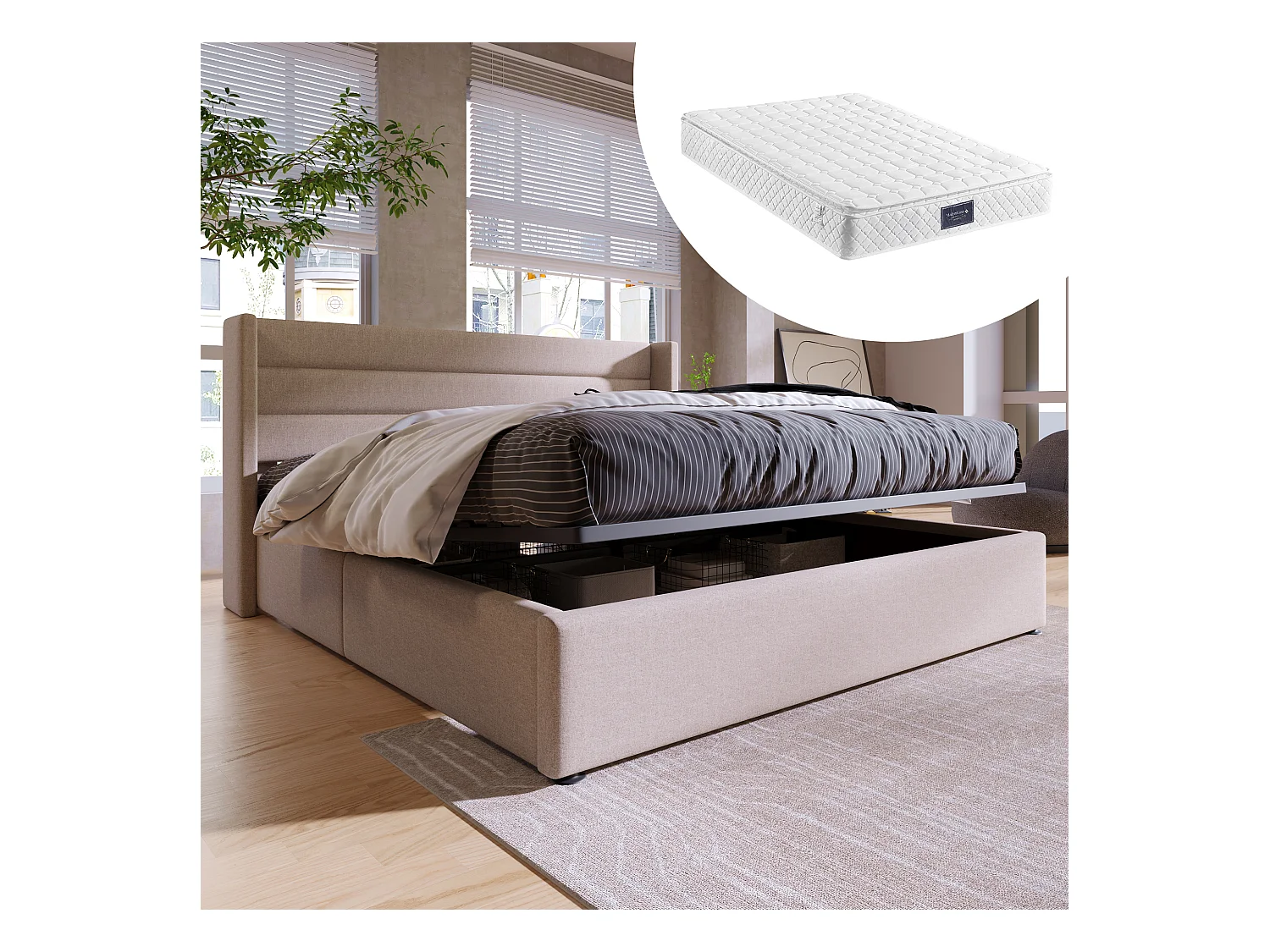 Lit coffre hydraulique avec matelas, sommier bois et cadre métal, revêtement lin beige (214.5x153.5x114 cm)