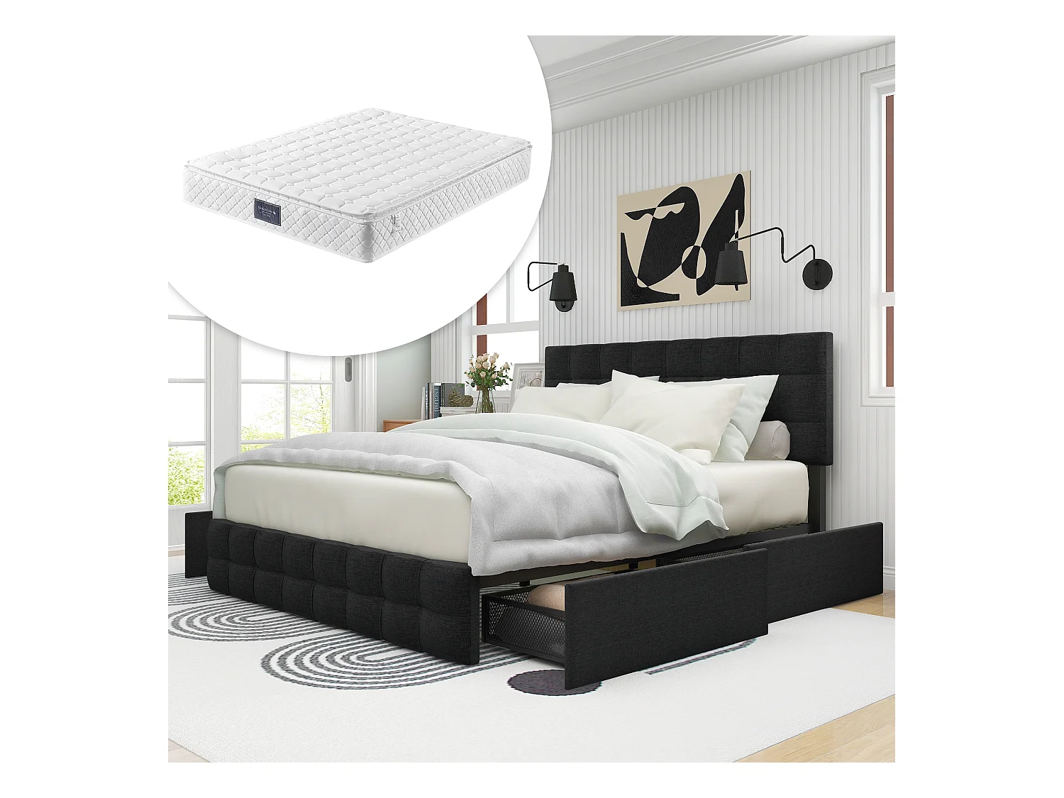 Lit avec tête de lit réglable, 4 tiroirs de rangement, Matelas à ressorts, Cadre en lin, 140x200 cm, Noir