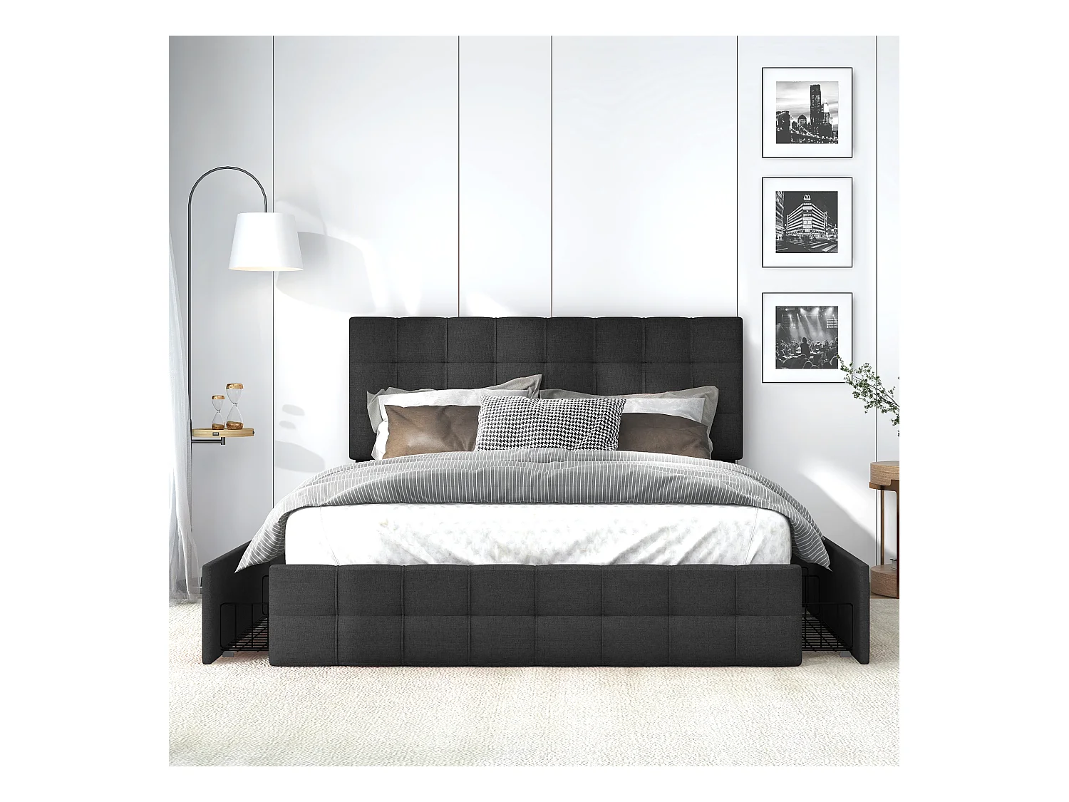 Lit avec tête de lit réglable, 4 tiroirs de rangement, Matelas à ressorts, Cadre en lin, 140x200 cm, Noir