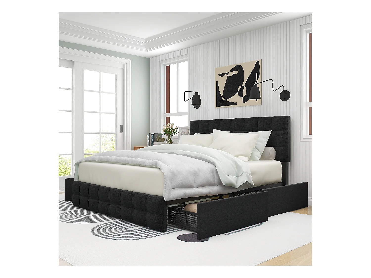 Lit avec tête de lit réglable, 4 tiroirs de rangement, Matelas à ressorts, Cadre en lin, 140x200 cm, Noir