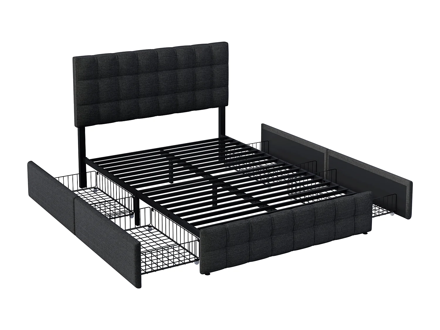 Lit avec tête de lit réglable, 4 tiroirs de rangement, Matelas à ressorts, Cadre en lin, 140x200 cm, Noir