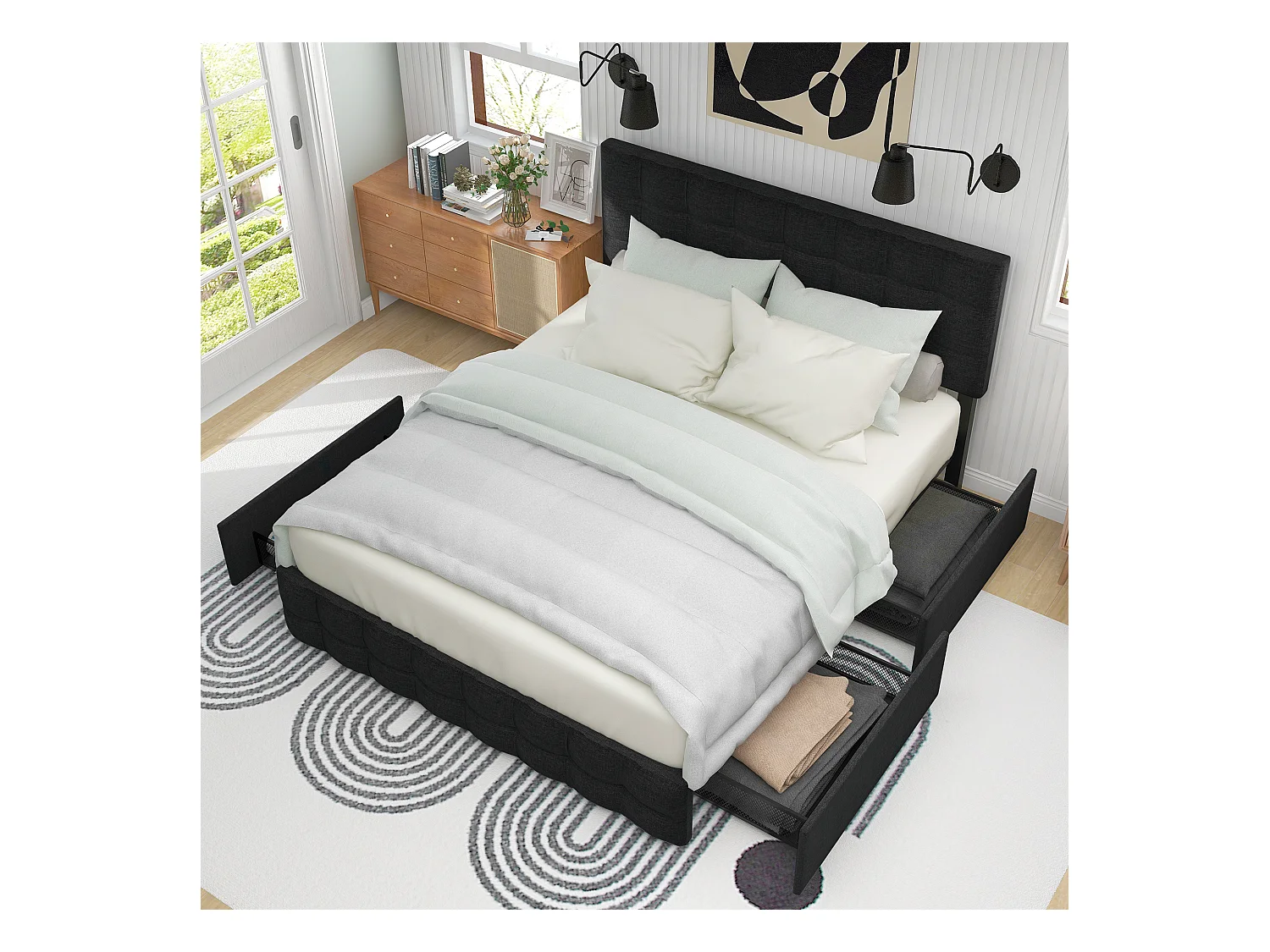 Lit avec tête de lit réglable, 4 tiroirs de rangement, Matelas à ressorts, Cadre en lin, 140x200 cm, Noir