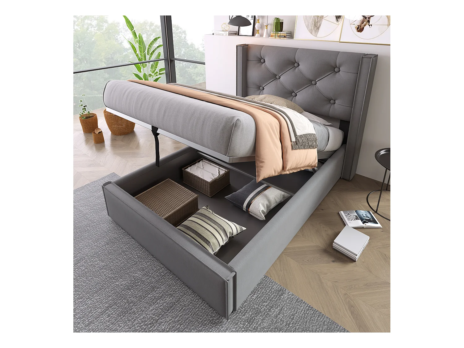 Lit hydraulique 90x200 cm, Tête de lit ajustable, Rangement, Matelas inclus, Velours, Gris (203x101x110 cm)