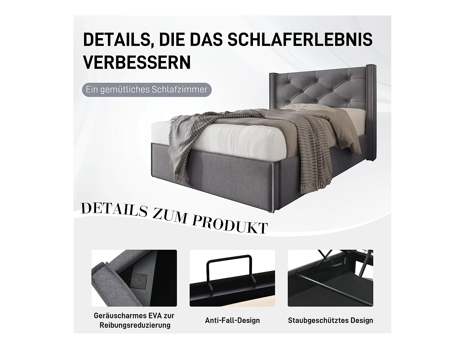 Lit hydraulique 90x200 cm, Tête de lit ajustable, Rangement, Matelas inclus, Velours, Gris (203x101x110 cm)