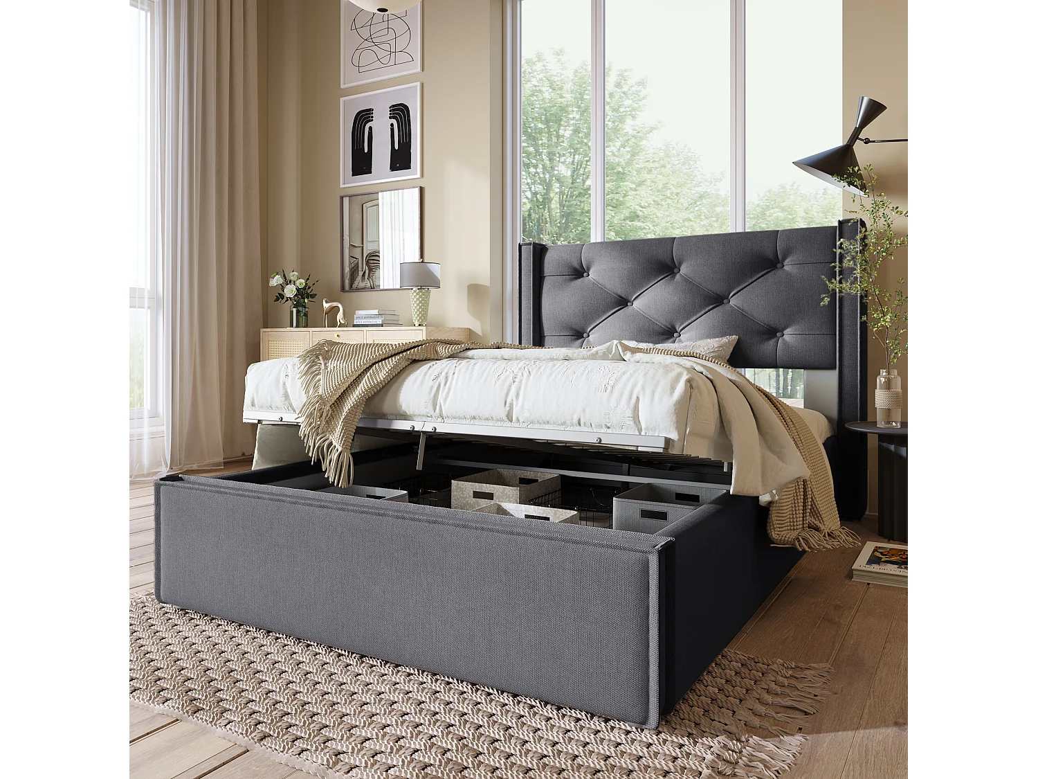 Lit hydraulique 90x200 cm, Tête de lit ajustable, Rangement, Matelas inclus, Velours, Gris (203x101x110 cm)