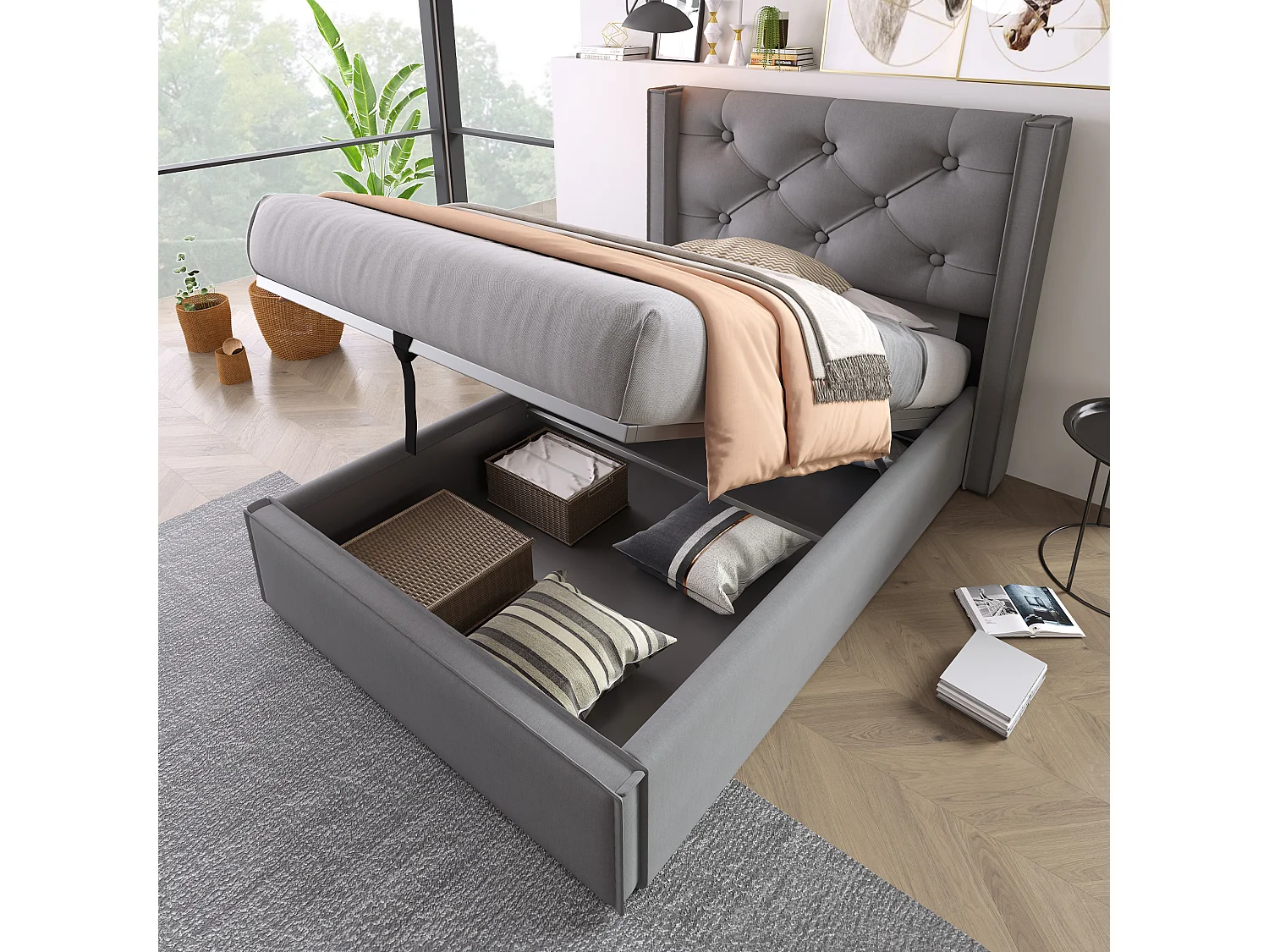 Hydraulisch bed 90x200 cm, Verstelbaar hoofdeinde, Opbergruimte, Inclusief matras, Fluweel, Grijs (203x101x110 cm)