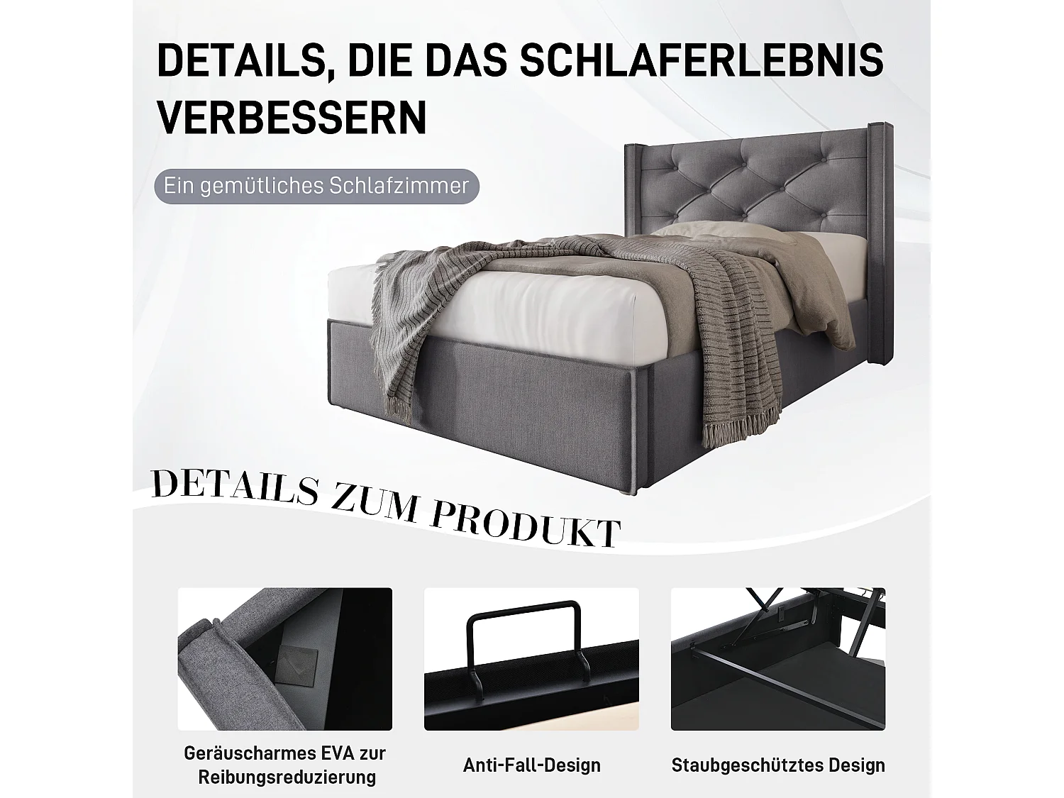 Hydraulisch bed 90x200 cm, Verstelbaar hoofdeinde, Opbergruimte, Inclusief matras, Fluweel, Grijs (203x101x110 cm)