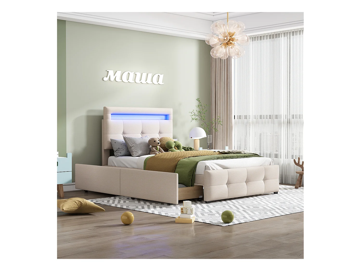 Eenpersoonsbed 90x200cm met LED, 2 lades, beige linnen bekleding, lattenbodem, kinder- en juniorbed (210x99x106cm)