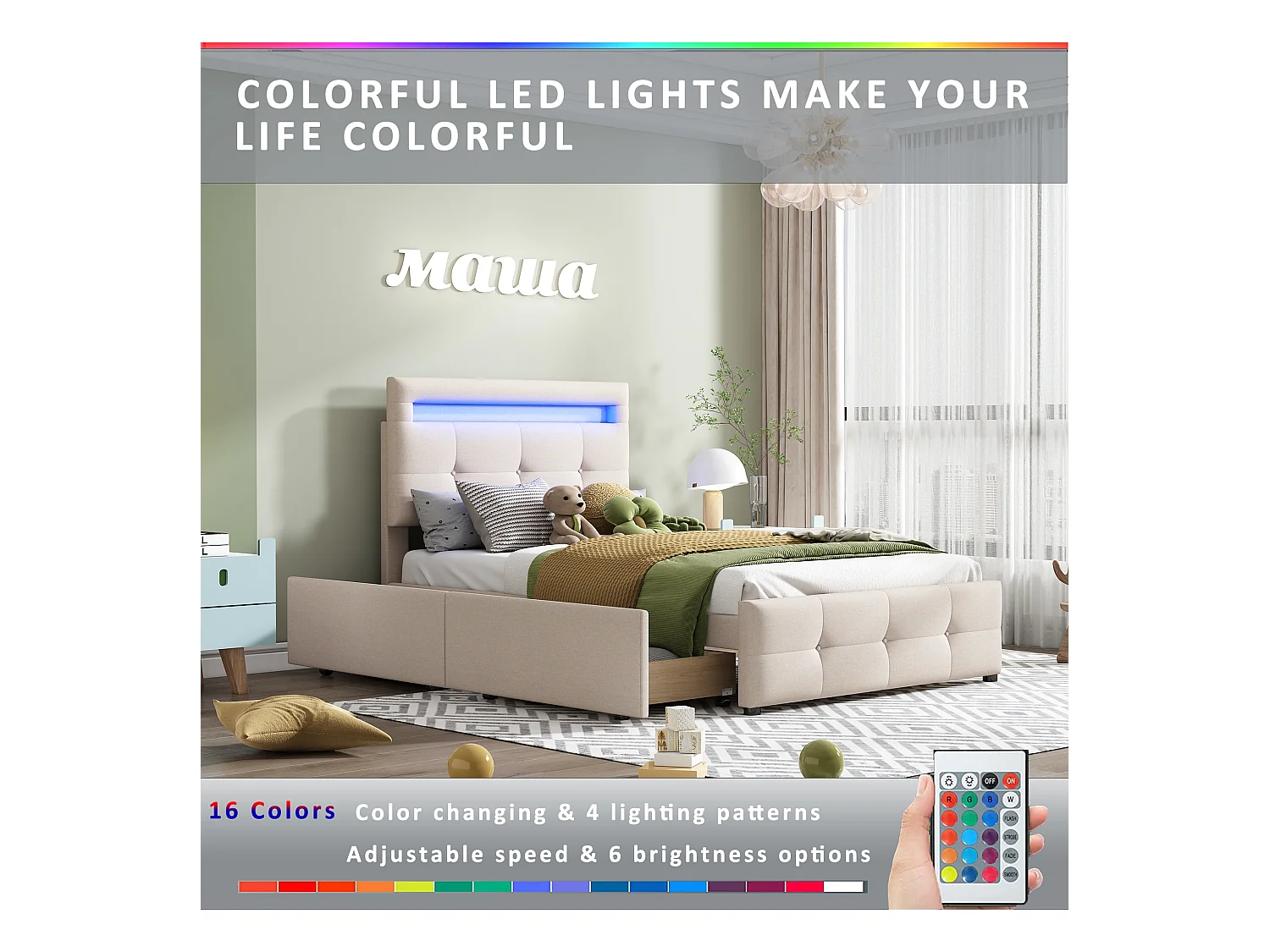 Eenpersoonsbed 90x200cm met LED, 2 lades, beige linnen bekleding, lattenbodem, kinder- en juniorbed (210x99x106cm)