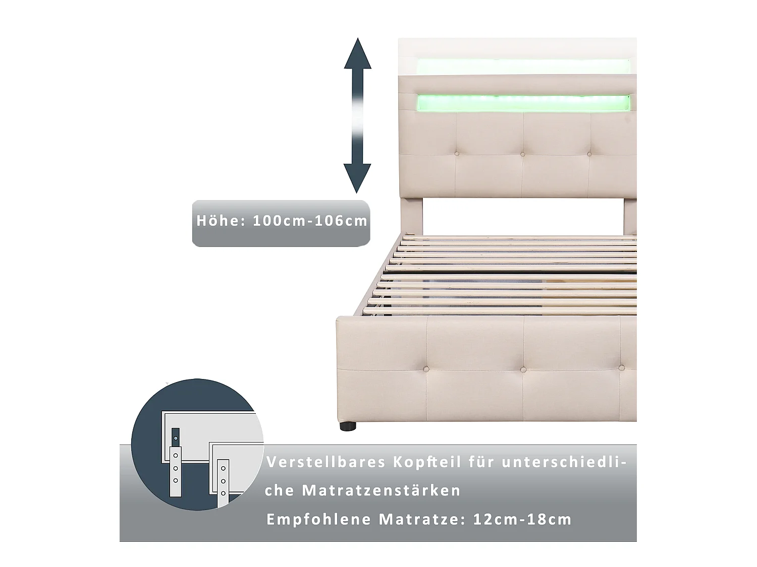 Eenpersoonsbed 90x200cm met LED, 2 lades, beige linnen bekleding, lattenbodem, kinder- en juniorbed (210x99x106cm)