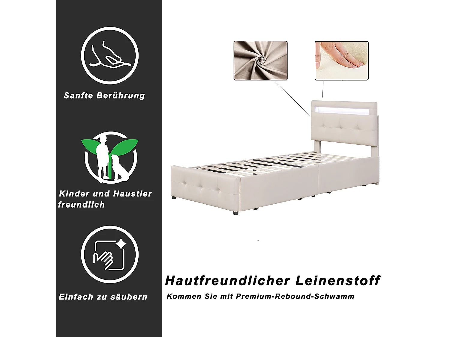 Lit simple 90x200cm avec LED, 2 tiroirs, revêtement lin beige, sommier à lattes, lit enfant et junior (210x99x106cm)