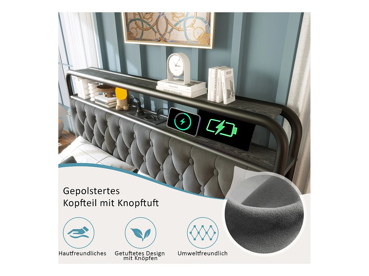 Lit 140x200 cm avec LED, 4 tiroirs, tête de lit réglable, PU Gris (sans matelas)