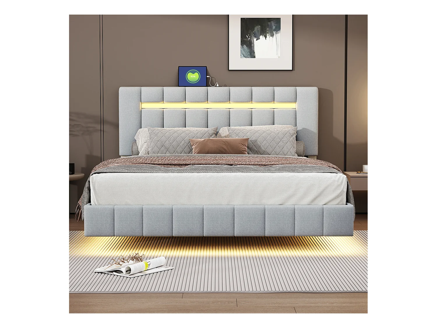 Letto imbottito 160x200cm, rete sospesa con LED, schienale extra lungo, lampada da lettura orientabile, tessuto in lino beige (210x172x105 cm)