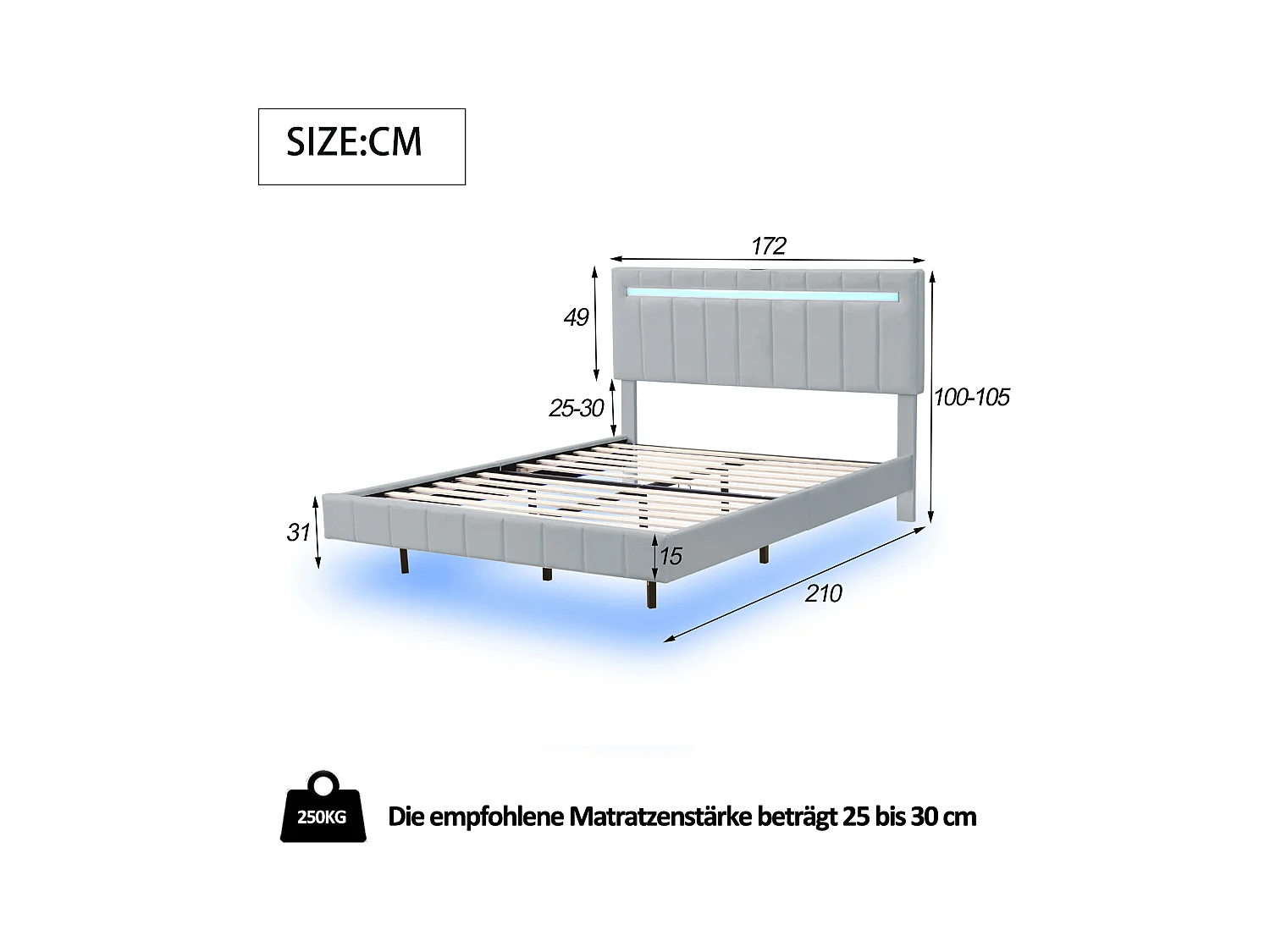 Letto imbottito 160x200cm, rete sospesa con LED, schienale extra lungo, lampada da lettura orientabile, tessuto in lino beige (210x172x105 cm)