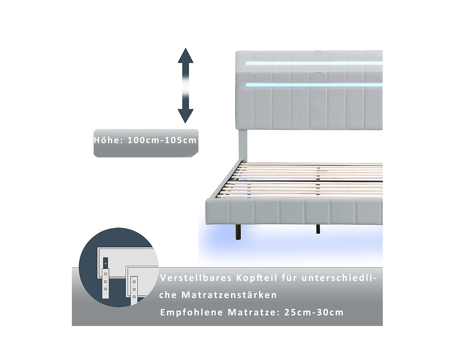 Letto imbottito 160x200cm, rete sospesa con LED, schienale extra lungo, lampada da lettura orientabile, tessuto in lino beige (210x172x105 cm)