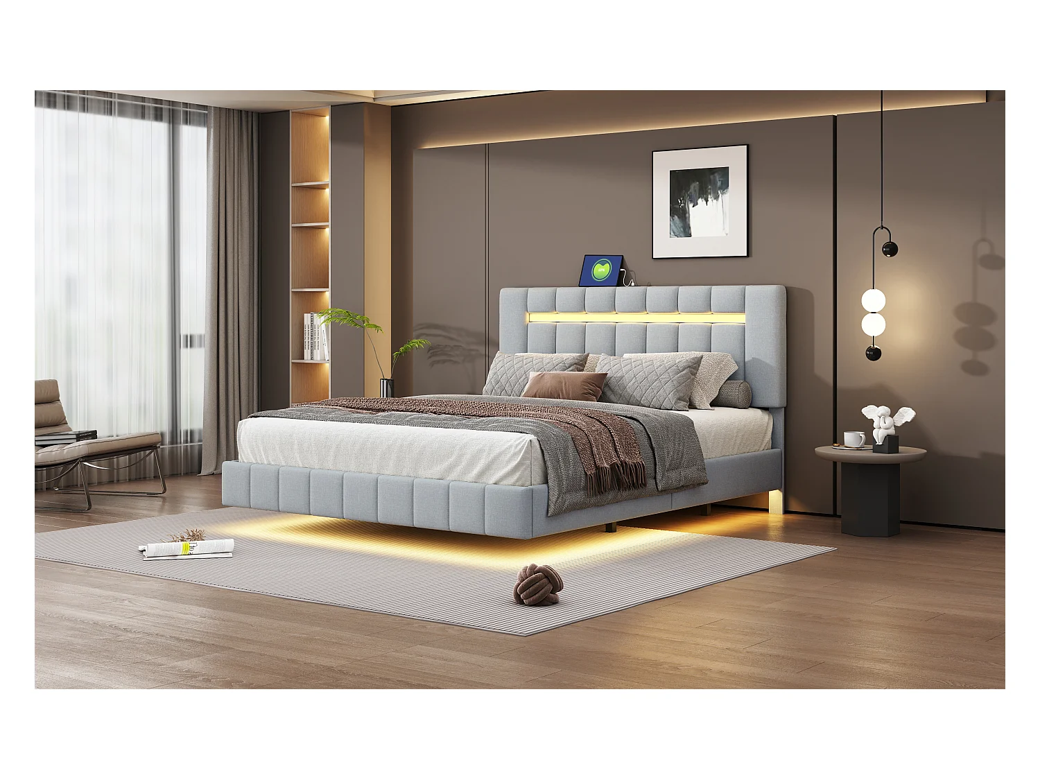 Letto imbottito 160x200cm, rete sospesa con LED, schienale extra lungo, lampada da lettura orientabile, tessuto in lino beige (210x172x105 cm)