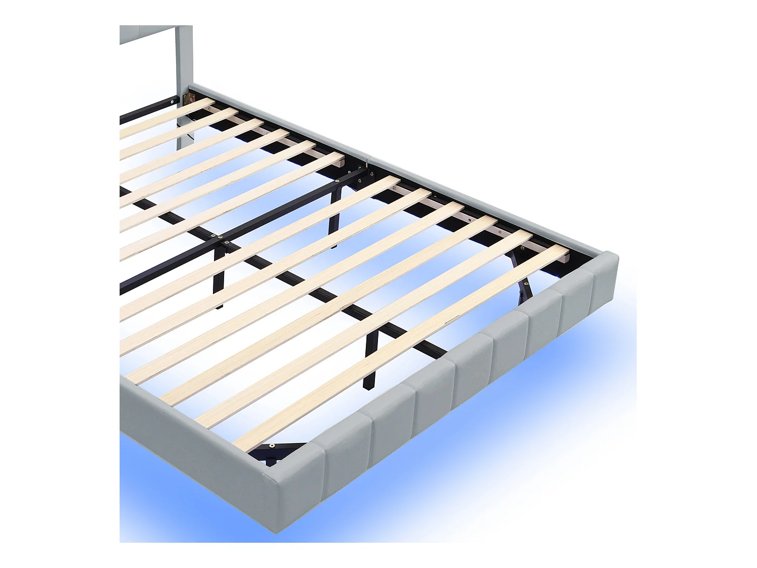 Letto imbottito 160x200cm, rete sospesa con LED, schienale extra lungo, lampada da lettura orientabile, tessuto in lino beige (210x172x105 cm)