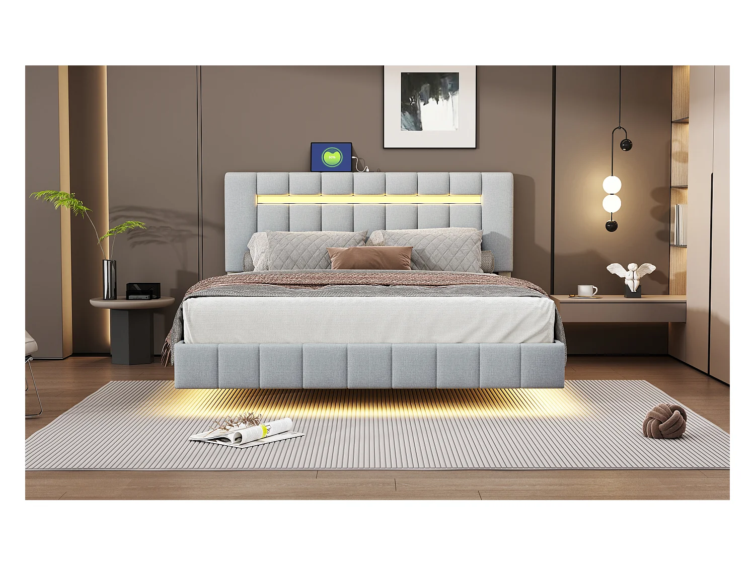 Letto imbottito 160x200cm, rete sospesa con LED, schienale extra lungo, lampada da lettura orientabile, tessuto in lino beige (210x172x105 cm)