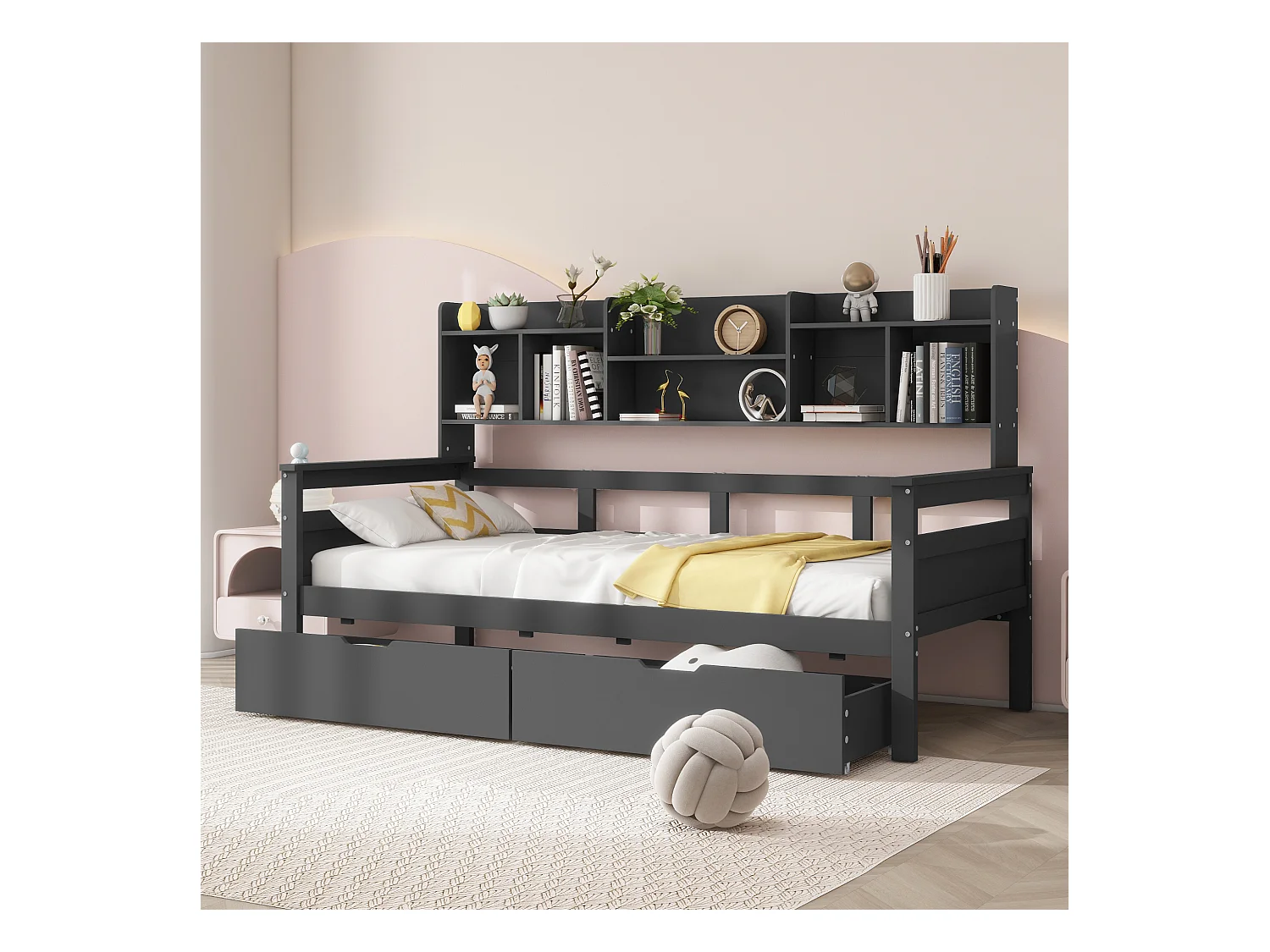 Letto 90x200 cm con cassetti e ripiani, Letto multifunzionale in legno massello, Grigio (205x96x125 cm)