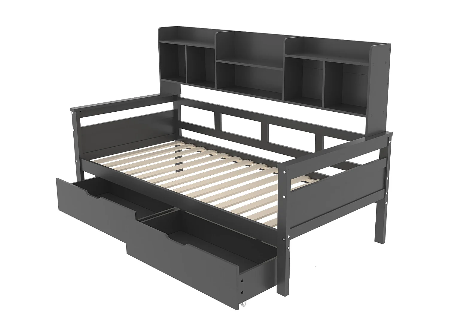 Letto 90x200 cm con cassetti e ripiani, Letto multifunzionale in legno massello, Grigio (205x96x125 cm)