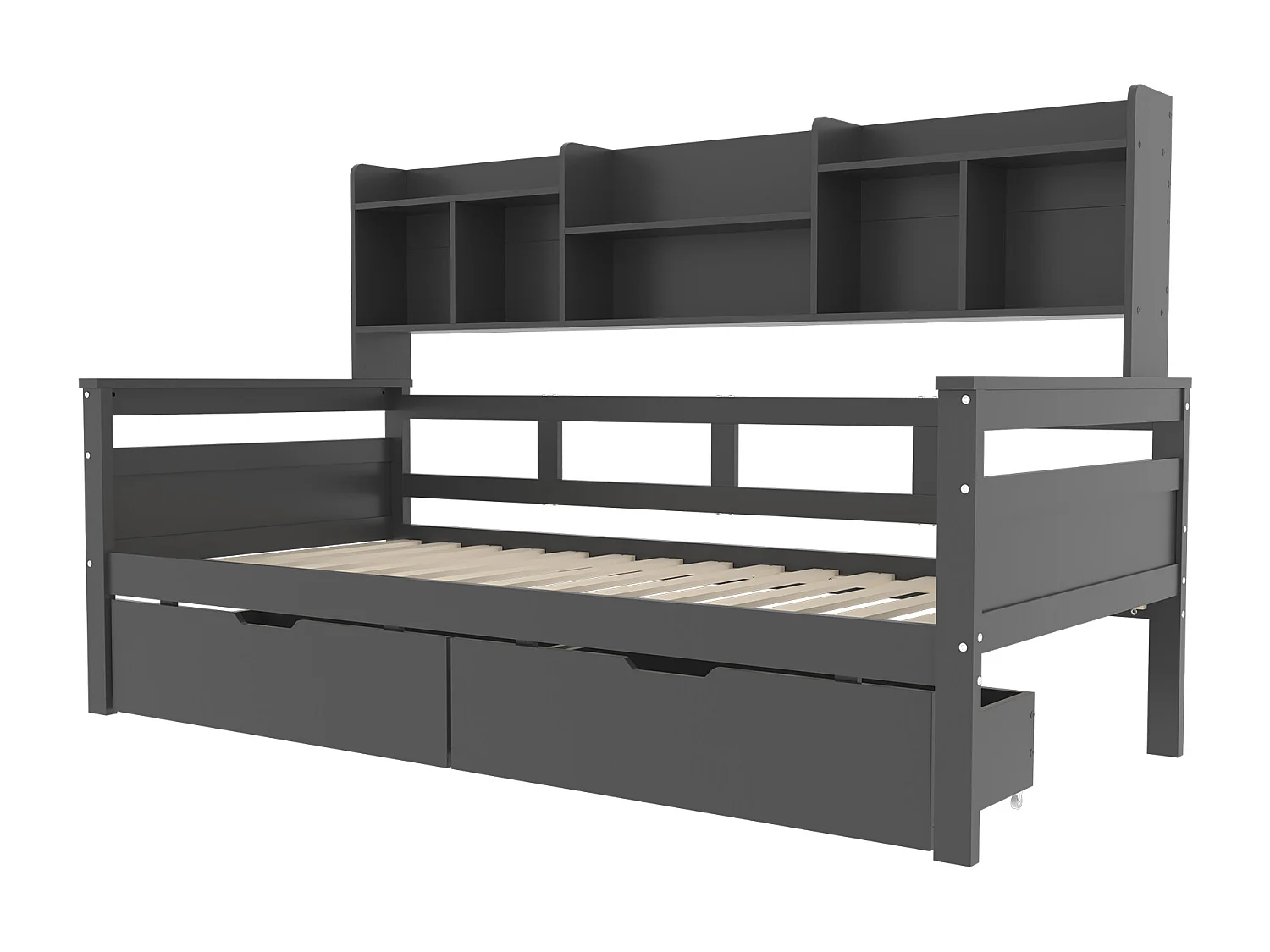 Letto 90x200 cm con cassetti e ripiani, Letto multifunzionale in legno massello, Grigio (205x96x125 cm)